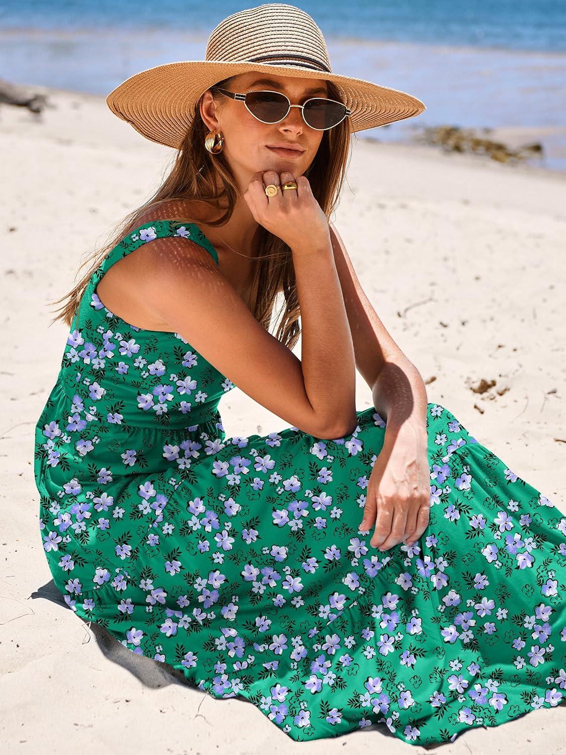 imageANRABESS Womens Summer Casual Long Maxi Beach Vacation Dresses Sleeveless Square Neck Flowy Tiered Sun Dress with PocketsGreen Purple Floral