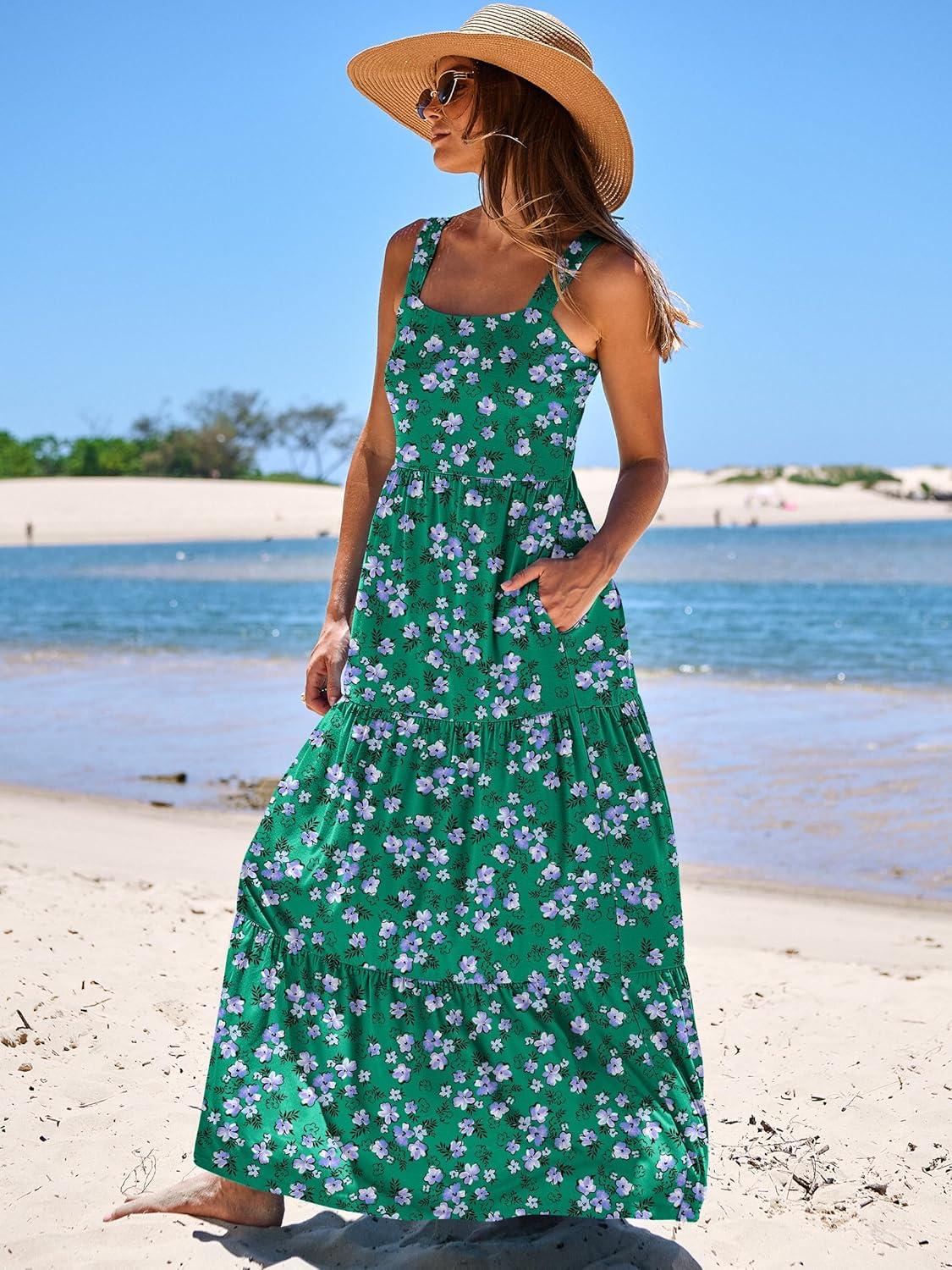 imageANRABESS Womens Summer Casual Long Maxi Beach Vacation Dresses Sleeveless Square Neck Flowy Tiered Sun Dress with PocketsGreen Purple Floral