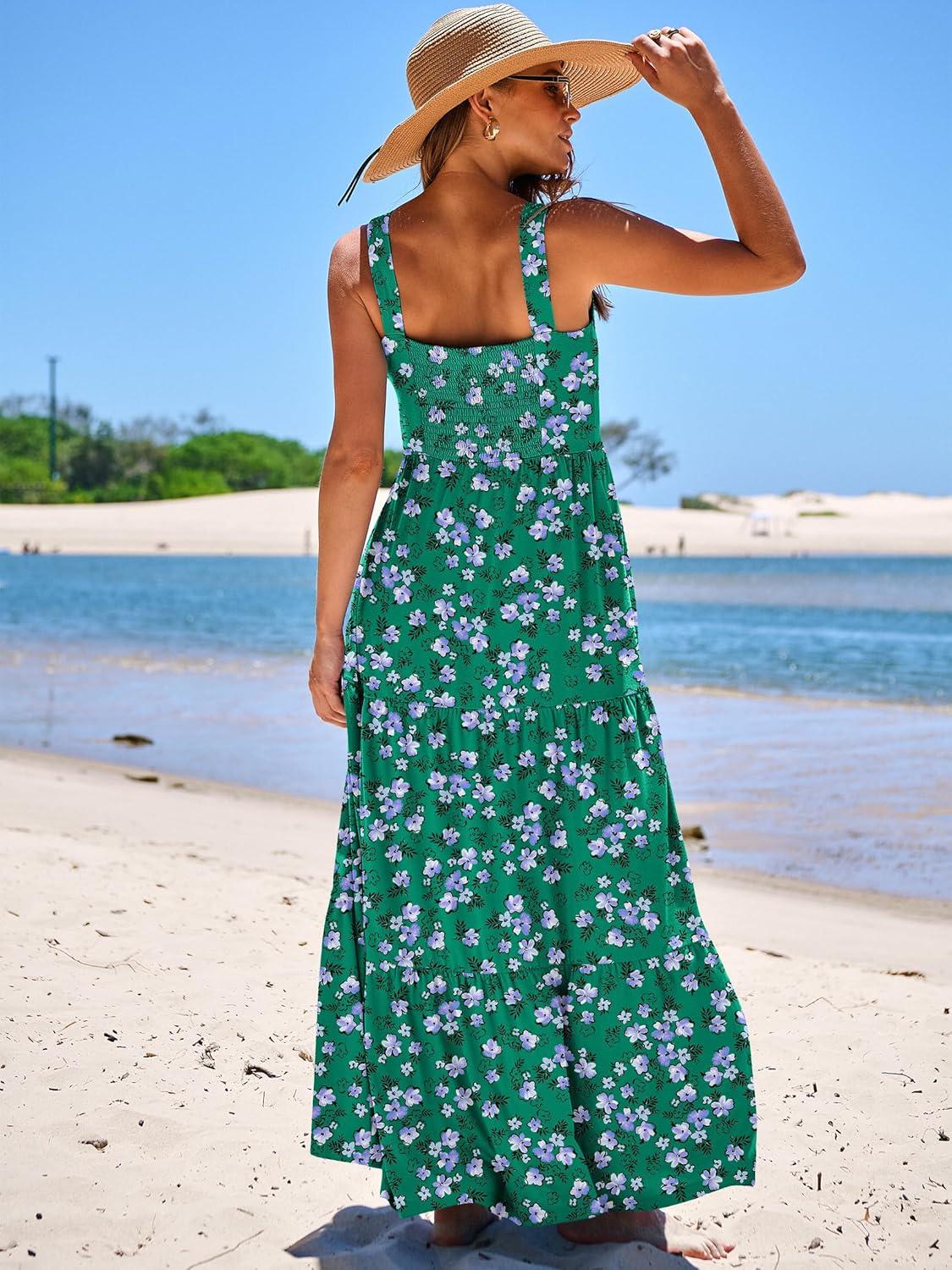 imageANRABESS Womens Summer Casual Long Maxi Beach Vacation Dresses Sleeveless Square Neck Flowy Tiered Sun Dress with PocketsGreen Purple Floral