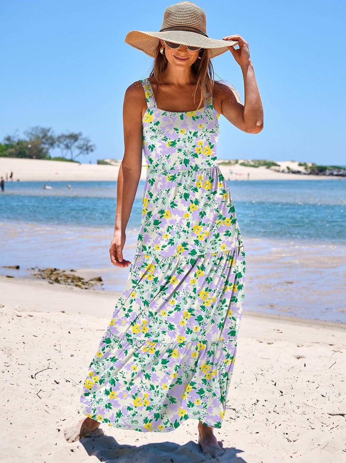 imageANRABESS Womens Summer Casual Long Maxi Beach Vacation Dresses Sleeveless Square Neck Flowy Tiered Sun Dress with PocketsGreen Purple Yellow Floral