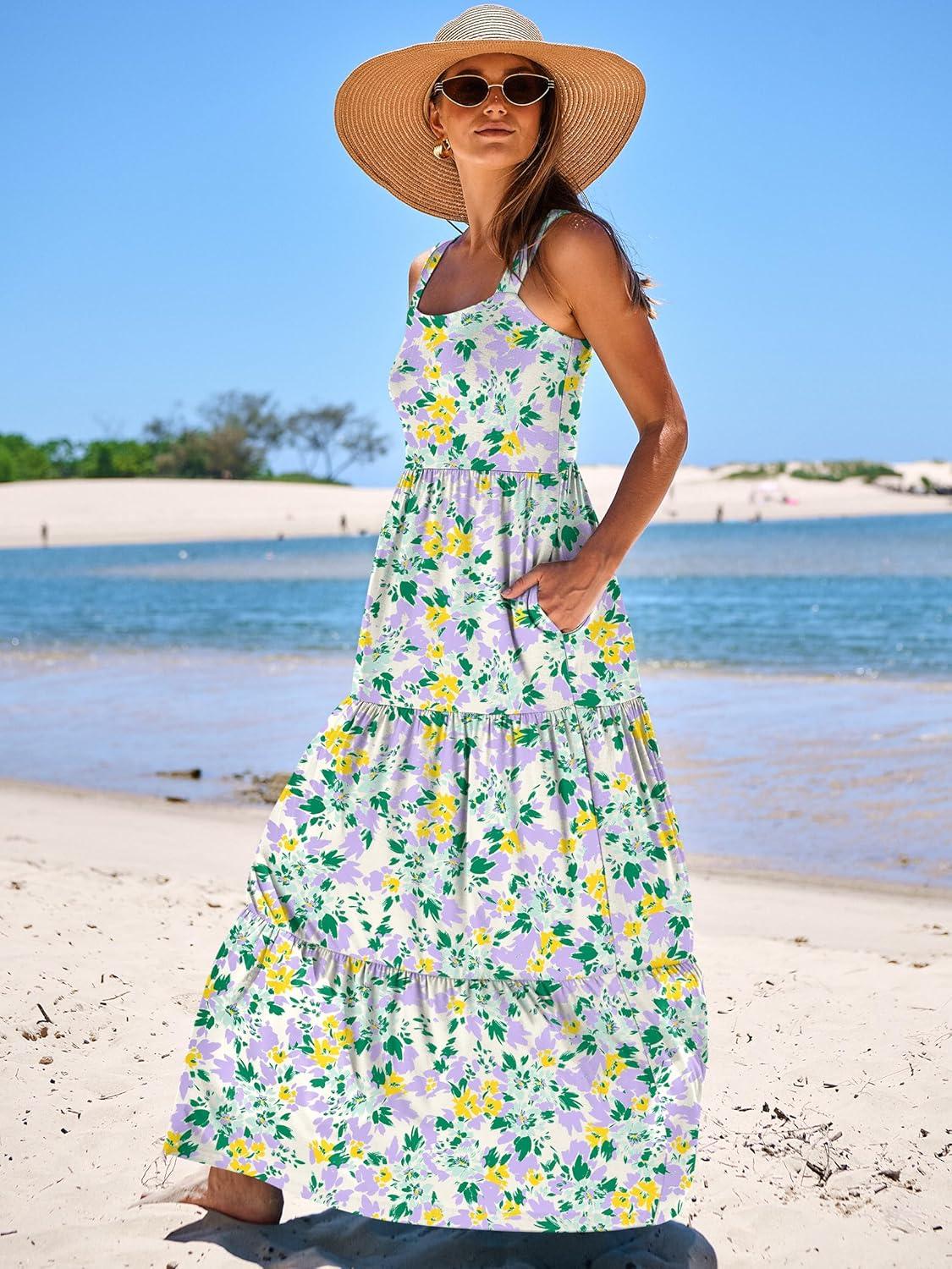 imageANRABESS Womens Summer Casual Long Maxi Beach Vacation Dresses Sleeveless Square Neck Flowy Tiered Sun Dress with PocketsGreen Purple Yellow Floral