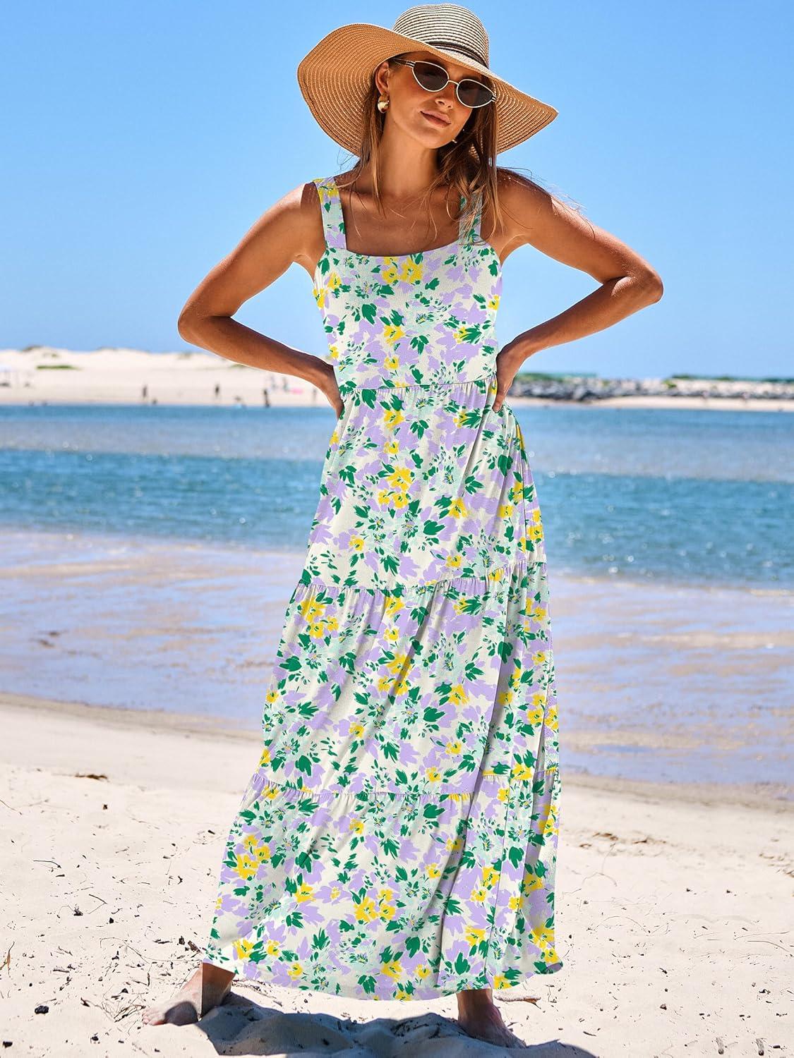 imageANRABESS Womens Summer Casual Long Maxi Beach Vacation Dresses Sleeveless Square Neck Flowy Tiered Sun Dress with PocketsGreen Purple Yellow Floral