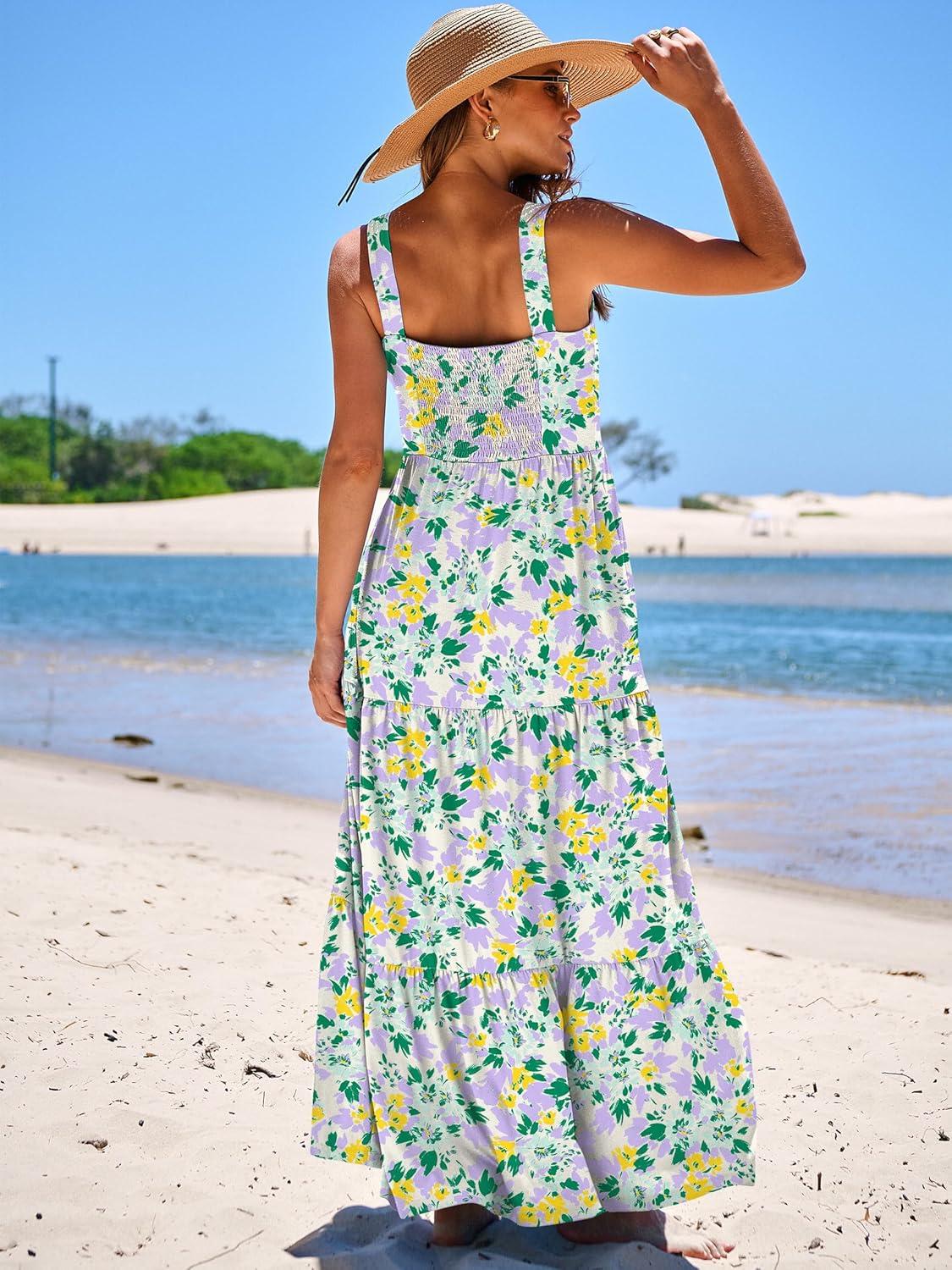 imageANRABESS Womens Summer Casual Long Maxi Beach Vacation Dresses Sleeveless Square Neck Flowy Tiered Sun Dress with PocketsGreen Purple Yellow Floral