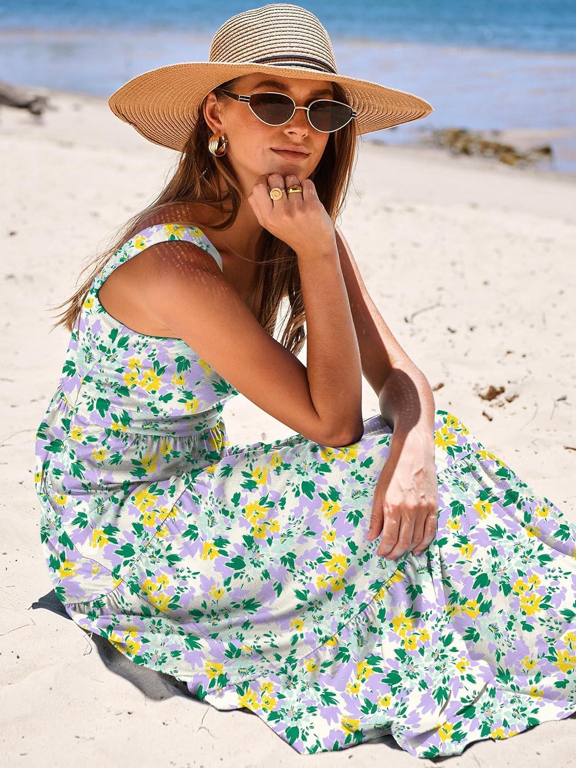 imageANRABESS Womens Summer Casual Long Maxi Beach Vacation Dresses Sleeveless Square Neck Flowy Tiered Sun Dress with PocketsGreen Purple Yellow Floral