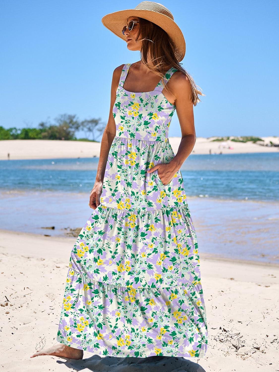 imageANRABESS Womens Summer Casual Long Maxi Beach Vacation Dresses Sleeveless Square Neck Flowy Tiered Sun Dress with PocketsGreen Purple Yellow Floral