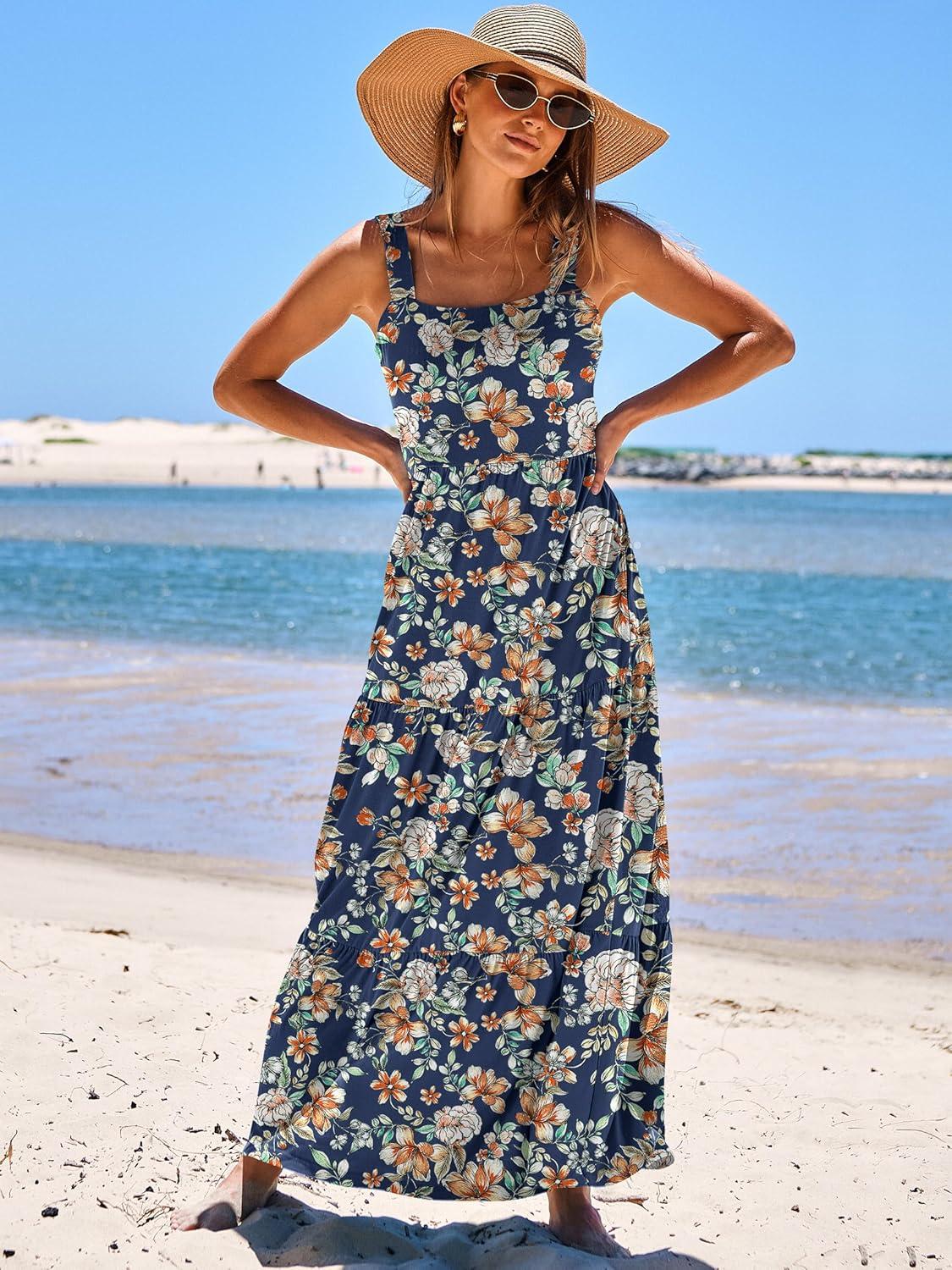 imageANRABESS Womens Summer Casual Long Maxi Beach Vacation Dresses Sleeveless Square Neck Flowy Tiered Sun Dress with PocketsNavy Blue Orange Floral