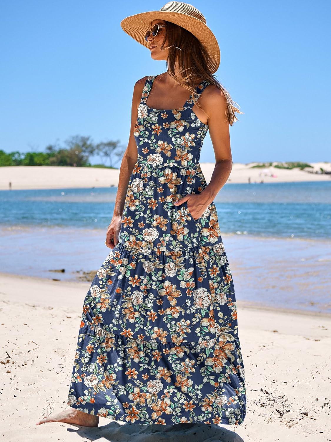 imageANRABESS Womens Summer Casual Long Maxi Beach Vacation Dresses Sleeveless Square Neck Flowy Tiered Sun Dress with PocketsNavy Blue Orange Floral