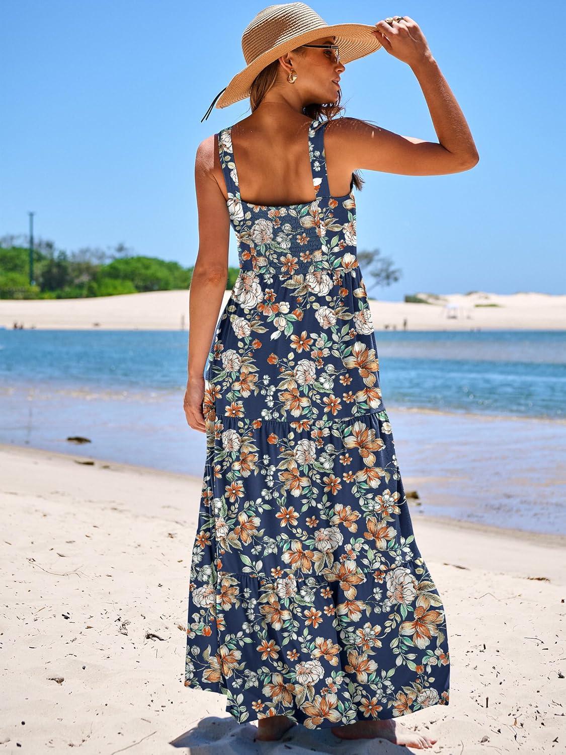 imageANRABESS Womens Summer Casual Long Maxi Beach Vacation Dresses Sleeveless Square Neck Flowy Tiered Sun Dress with PocketsNavy Blue Orange Floral