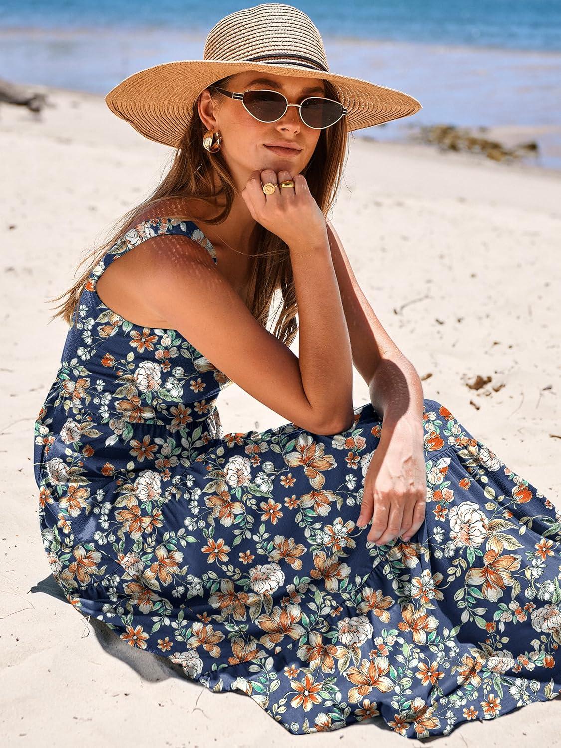 imageANRABESS Womens Summer Casual Long Maxi Beach Vacation Dresses Sleeveless Square Neck Flowy Tiered Sun Dress with PocketsNavy Blue Orange Floral