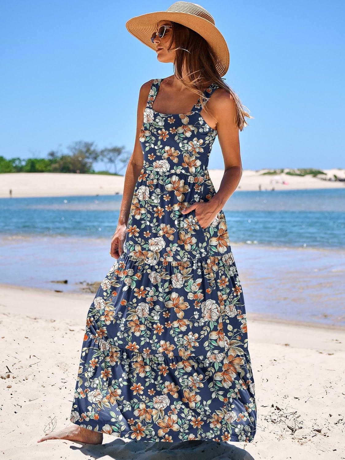 imageANRABESS Womens Summer Casual Long Maxi Beach Vacation Dresses Sleeveless Square Neck Flowy Tiered Sun Dress with PocketsNavy Blue Orange Floral