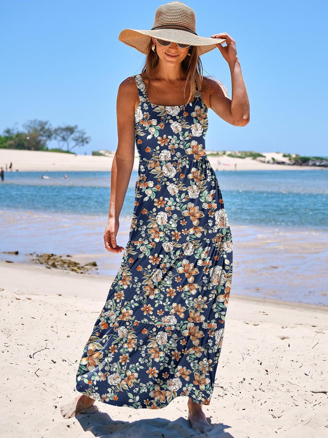 imageANRABESS Womens Summer Casual Long Maxi Beach Vacation Dresses Sleeveless Square Neck Flowy Tiered Sun Dress with PocketsNavy Blue Orange Floral