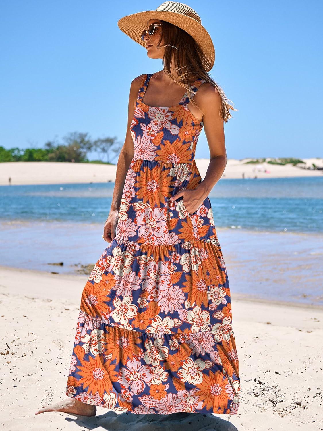 imageANRABESS Womens Summer Casual Long Maxi Beach Vacation Dresses Sleeveless Square Neck Flowy Tiered Sun Dress with PocketsNavy Blue Pink Floral