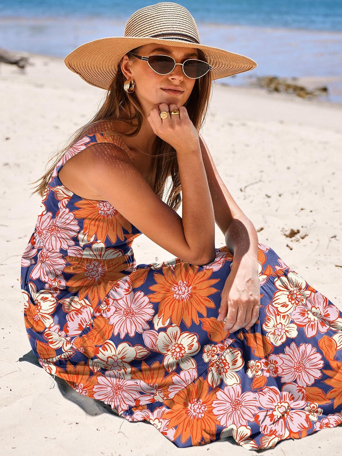 imageANRABESS Womens Summer Casual Long Maxi Beach Vacation Dresses Sleeveless Square Neck Flowy Tiered Sun Dress with PocketsNavy Blue Pink Floral