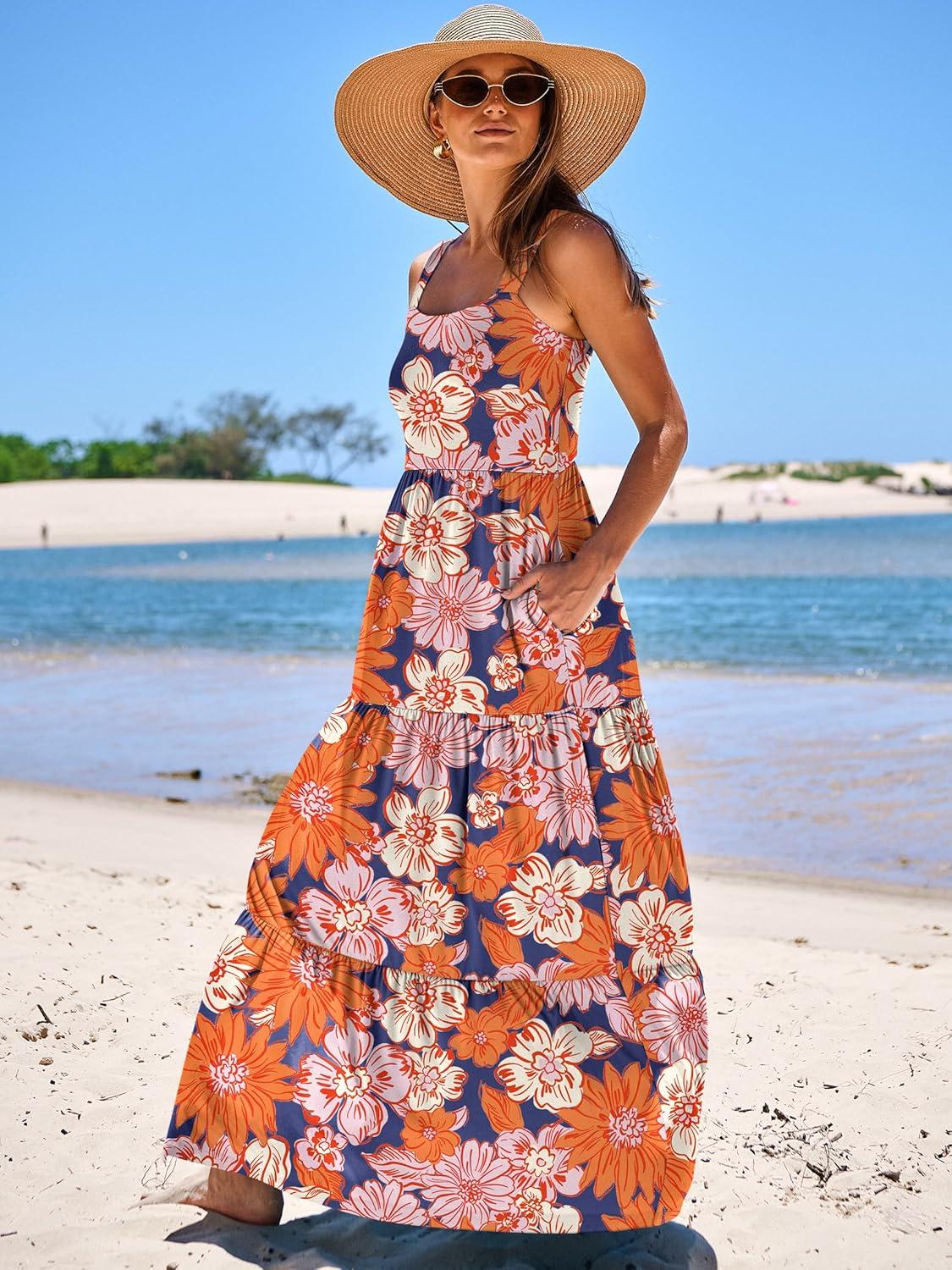 imageANRABESS Womens Summer Casual Long Maxi Beach Vacation Dresses Sleeveless Square Neck Flowy Tiered Sun Dress with PocketsNavy Blue Pink Floral