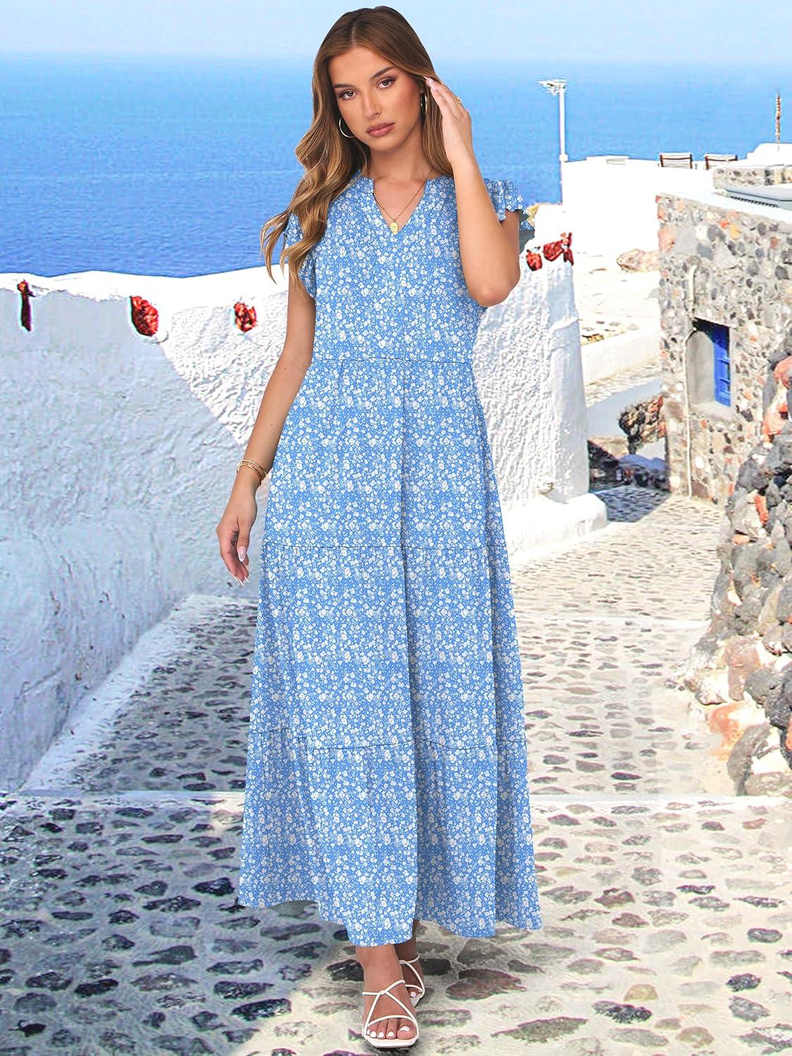 imageANRABESS Womens Summer Casual Maxi Dress V Neck Ruffle Sleeve Long Dresses Fashion Flowy Tiered Boho Beach Vacation SundressBlue Floral