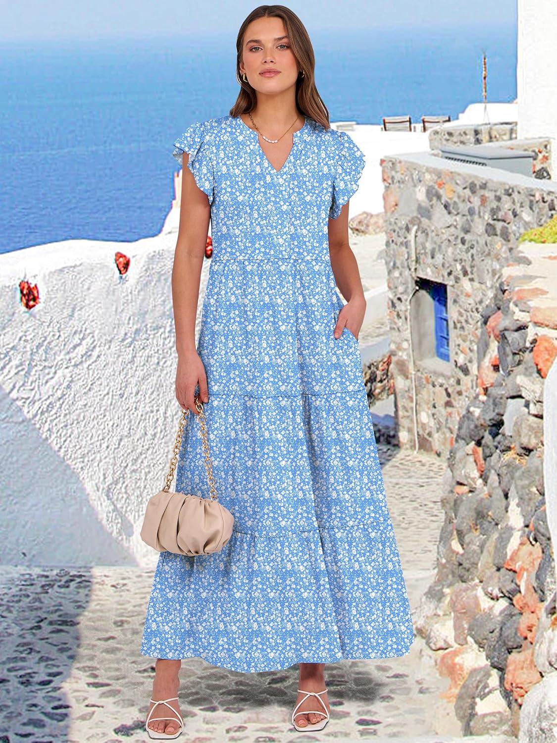 imageANRABESS Womens Summer Casual Maxi Dress V Neck Ruffle Sleeve Long Dresses Fashion Flowy Tiered Boho Beach Vacation SundressBlue Floral