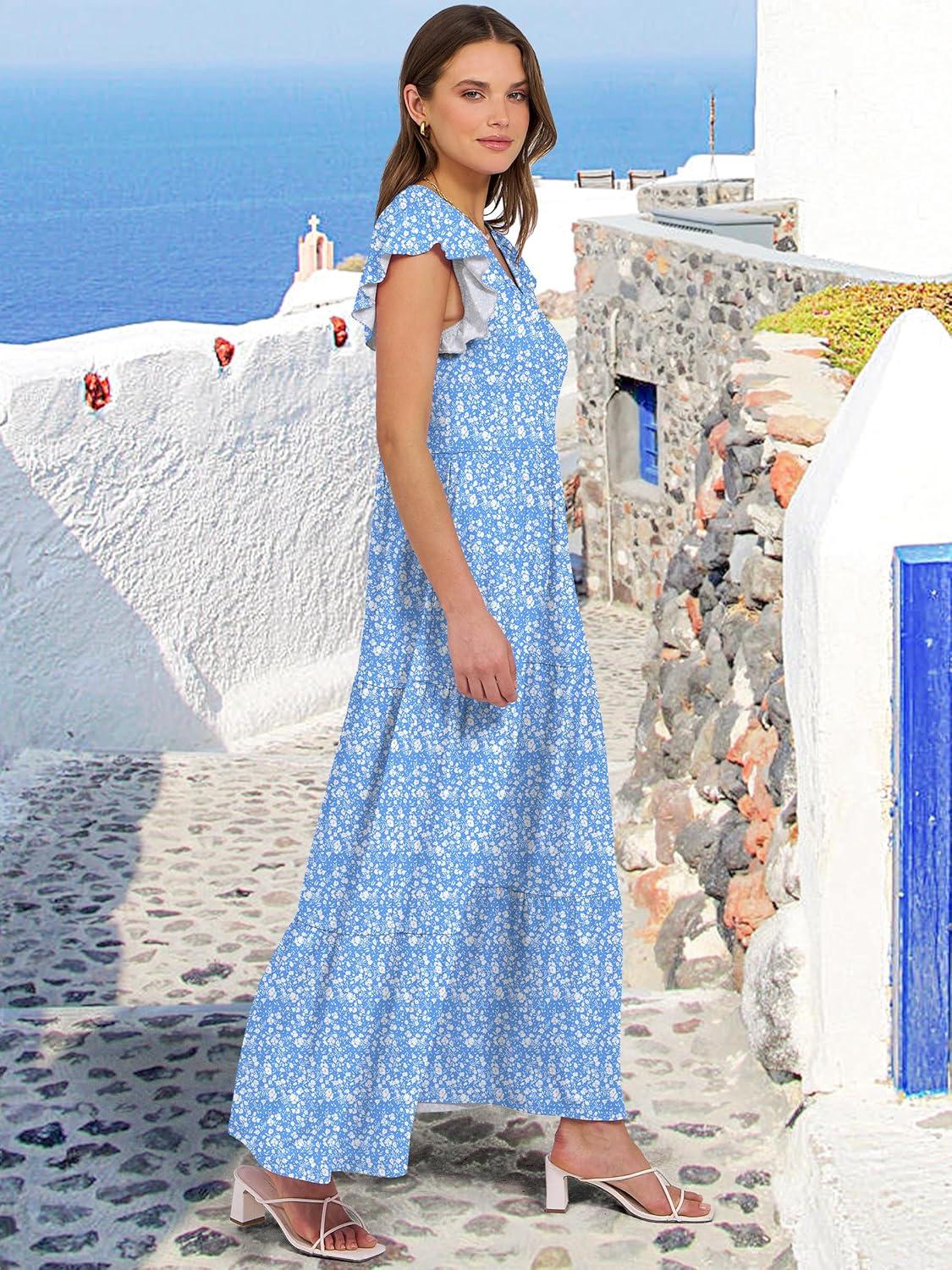 imageANRABESS Womens Summer Casual Maxi Dress V Neck Ruffle Sleeve Long Dresses Fashion Flowy Tiered Boho Beach Vacation SundressBlue Floral