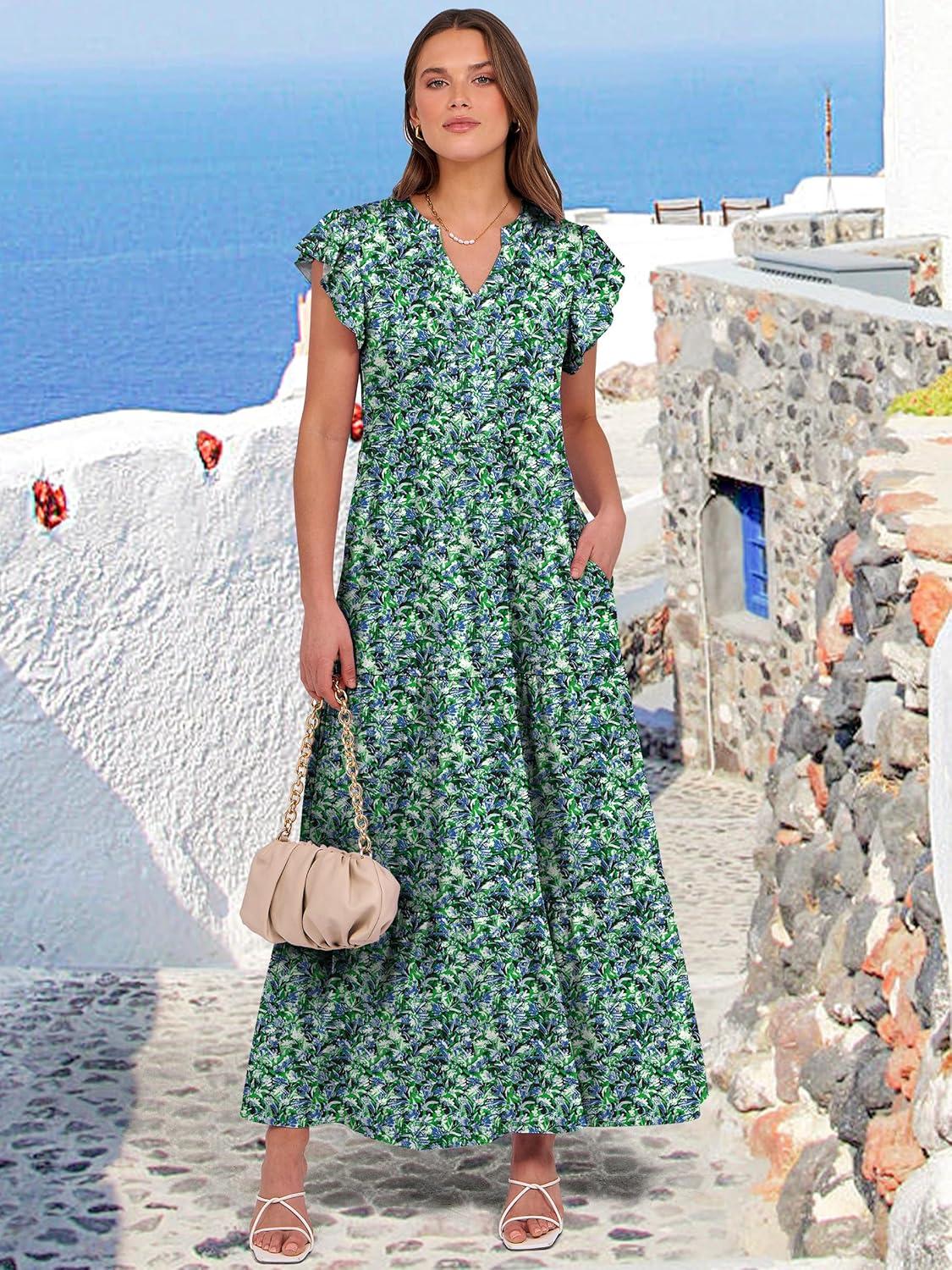 imageANRABESS Womens Summer Casual Maxi Dress V Neck Ruffle Sleeve Long Dresses Fashion Flowy Tiered Boho Beach Vacation SundressBlue Green Floral