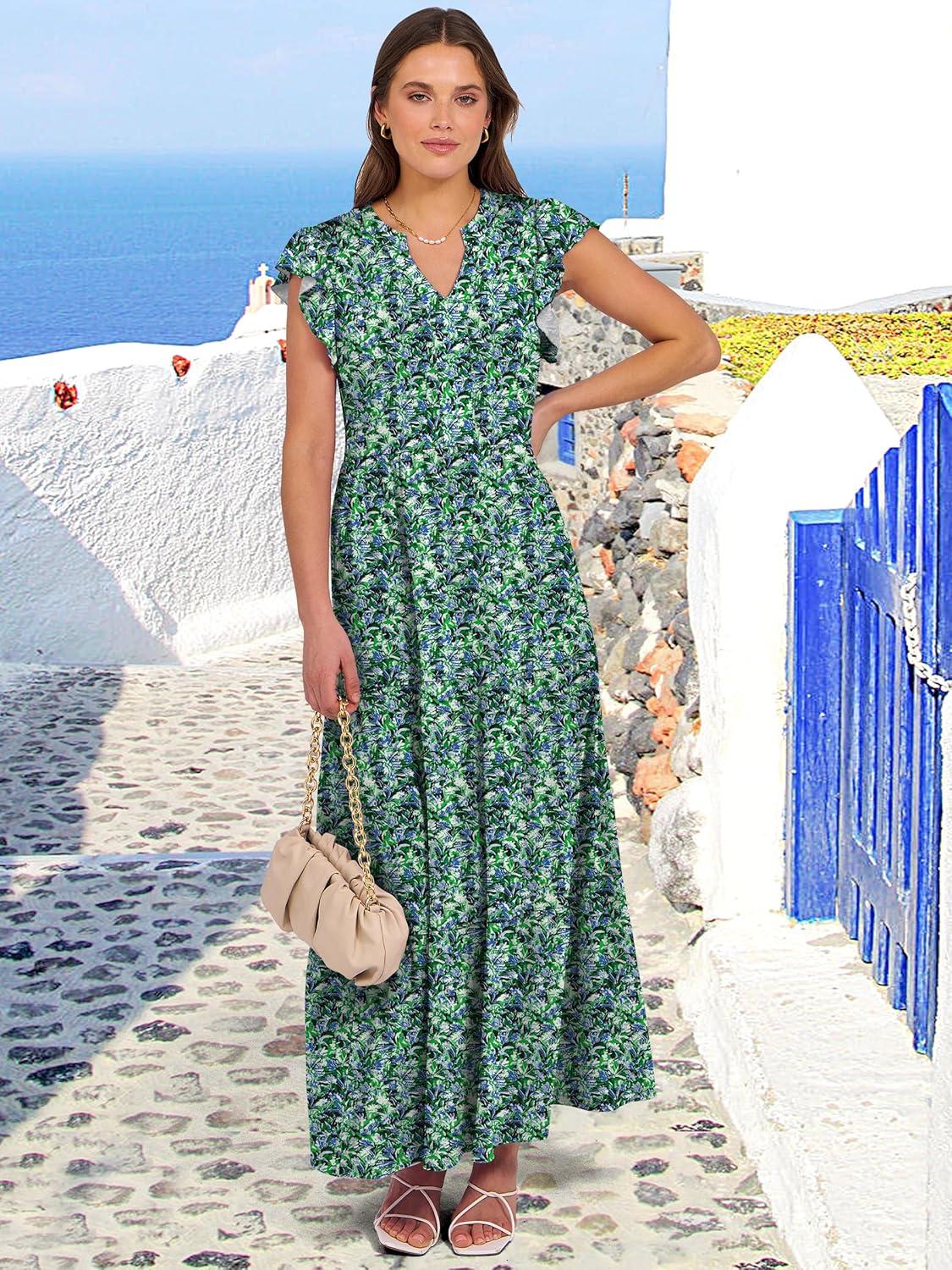 imageANRABESS Womens Summer Casual Maxi Dress V Neck Ruffle Sleeve Long Dresses Fashion Flowy Tiered Boho Beach Vacation SundressBlue Green Floral