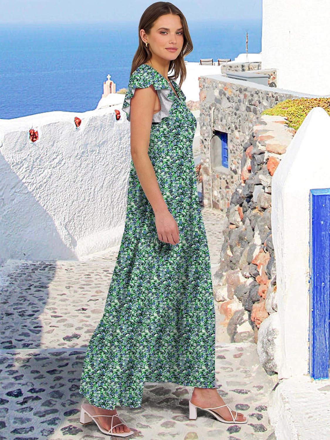 imageANRABESS Womens Summer Casual Maxi Dress V Neck Ruffle Sleeve Long Dresses Fashion Flowy Tiered Boho Beach Vacation SundressBlue Green Floral