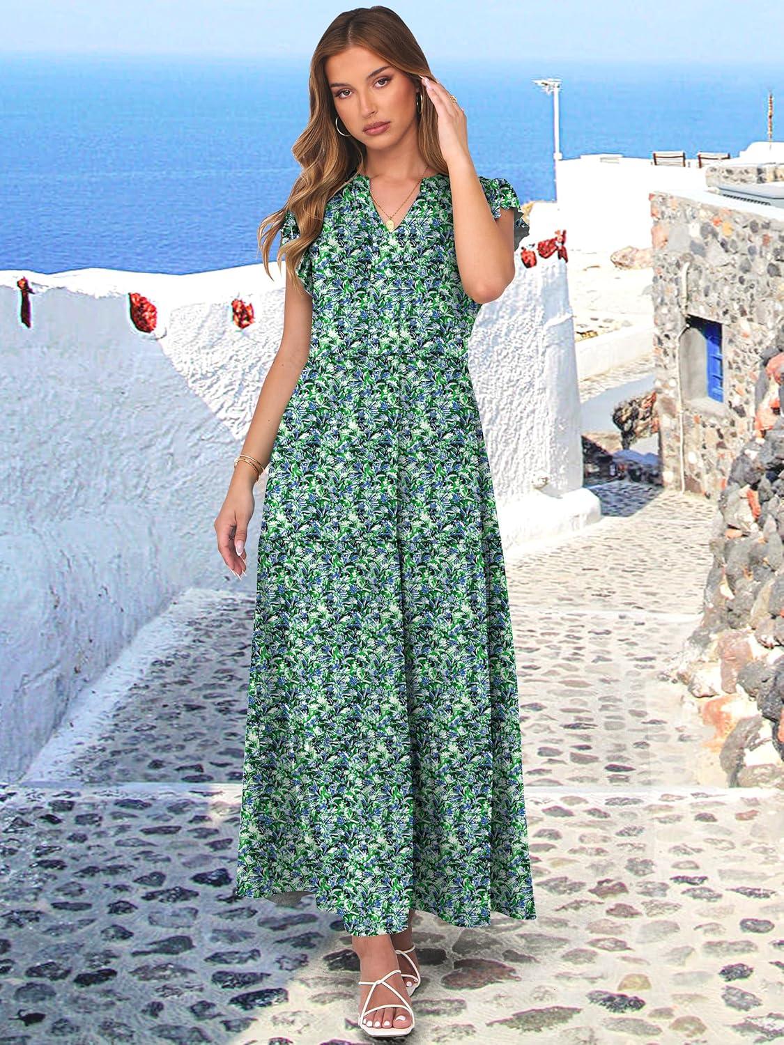 imageANRABESS Womens Summer Casual Maxi Dress V Neck Ruffle Sleeve Long Dresses Fashion Flowy Tiered Boho Beach Vacation SundressBlue Green Floral