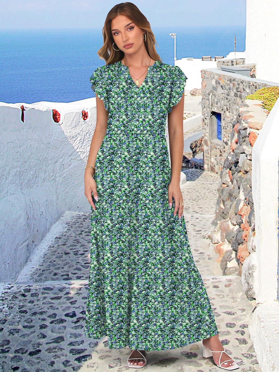 imageANRABESS Womens Summer Casual Maxi Dress V Neck Ruffle Sleeve Long Dresses Fashion Flowy Tiered Boho Beach Vacation SundressBlue Green Floral
