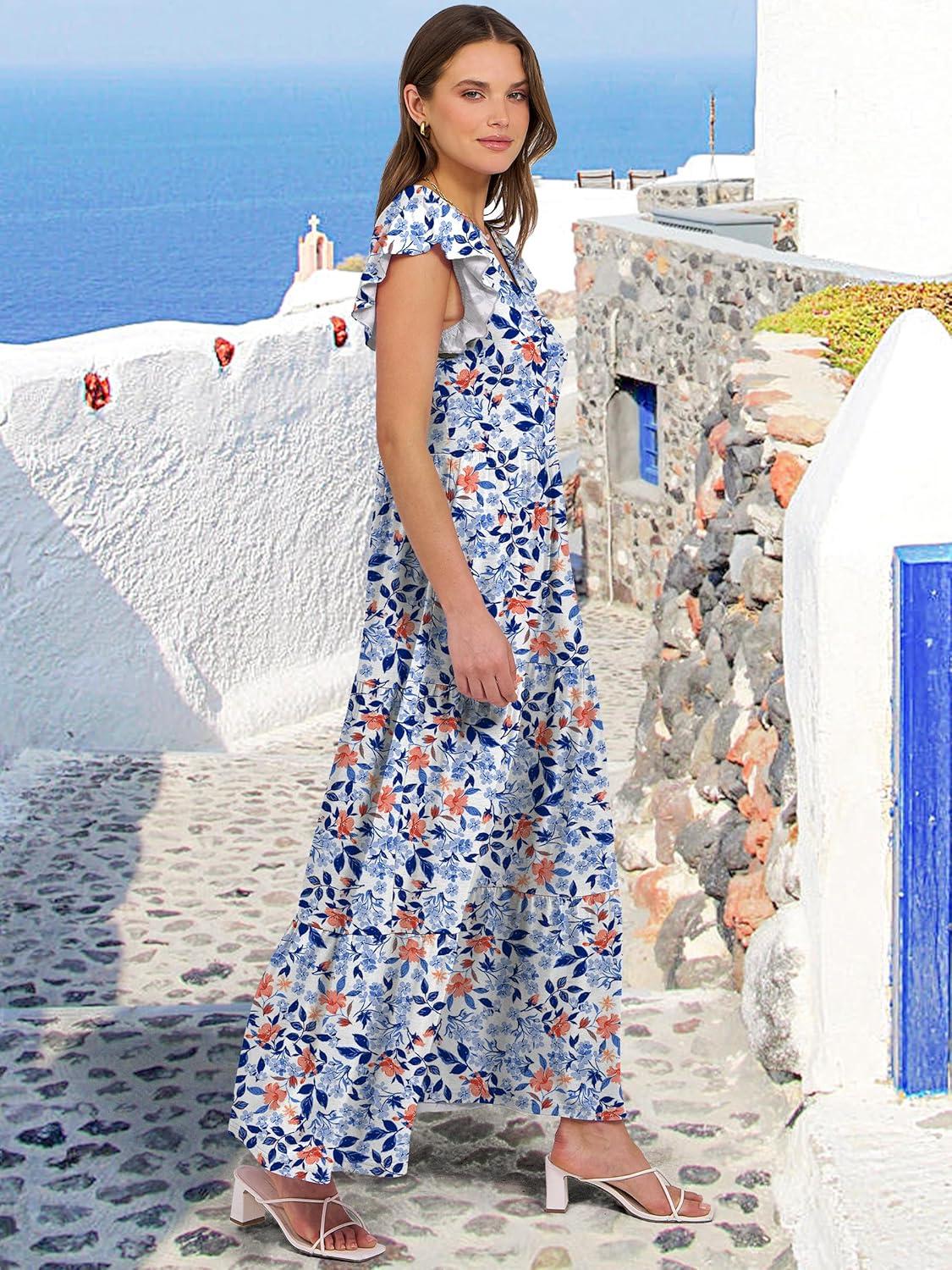 imageANRABESS Womens Summer Casual Maxi Dress V Neck Ruffle Sleeve Long Dresses Fashion Flowy Tiered Boho Beach Vacation SundressBlue Orange Floral