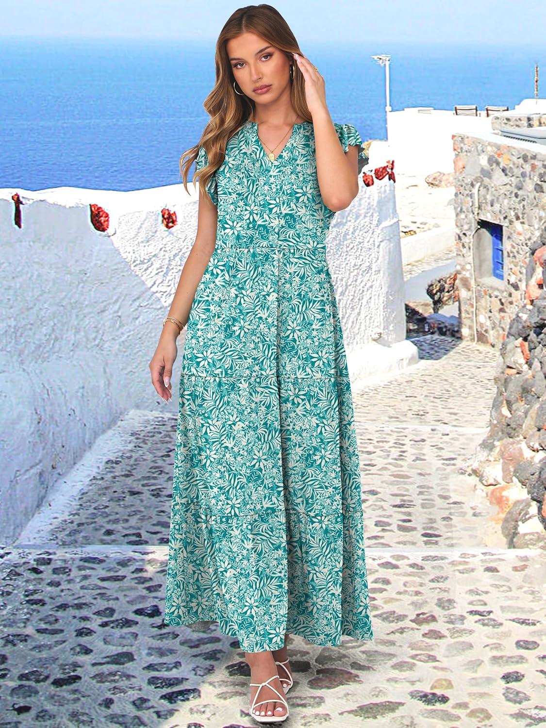 imageANRABESS Womens Summer Casual Maxi Dress V Neck Ruffle Sleeve Long Dresses Fashion Flowy Tiered Boho Beach Vacation SundressFloral Green