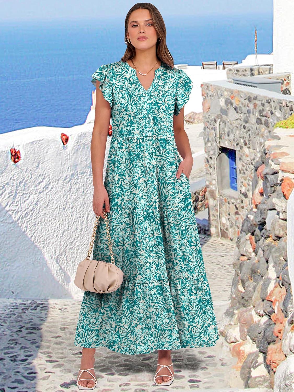 imageANRABESS Womens Summer Casual Maxi Dress V Neck Ruffle Sleeve Long Dresses Fashion Flowy Tiered Boho Beach Vacation SundressFloral Green