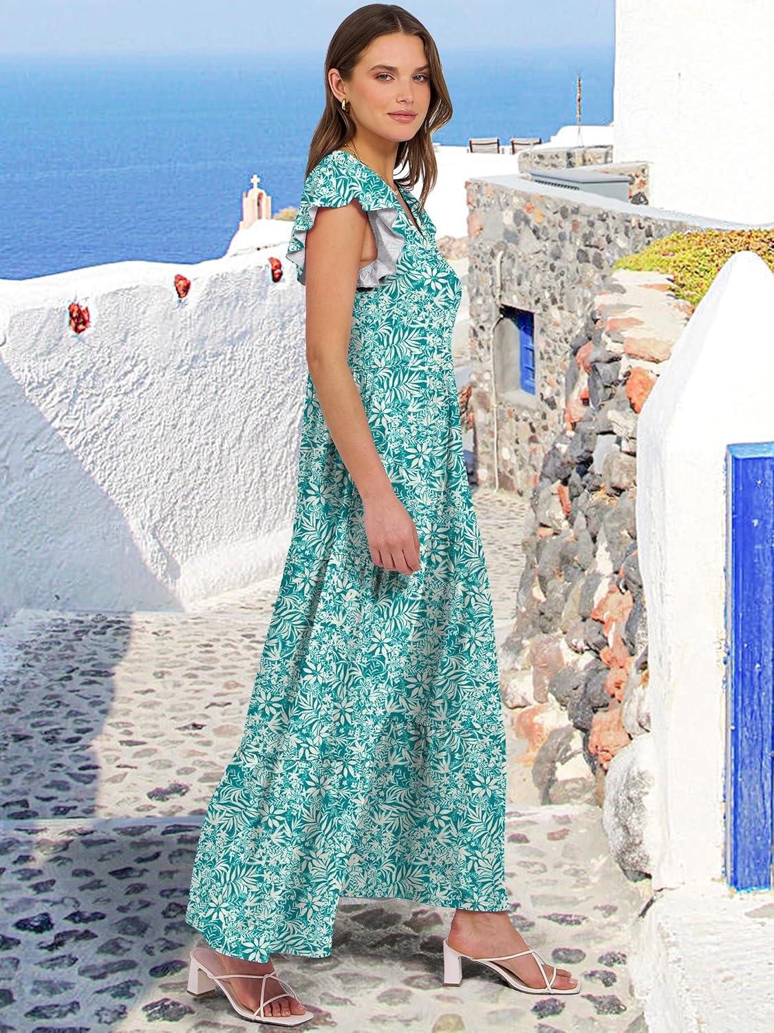 imageANRABESS Womens Summer Casual Maxi Dress V Neck Ruffle Sleeve Long Dresses Fashion Flowy Tiered Boho Beach Vacation SundressFloral Green