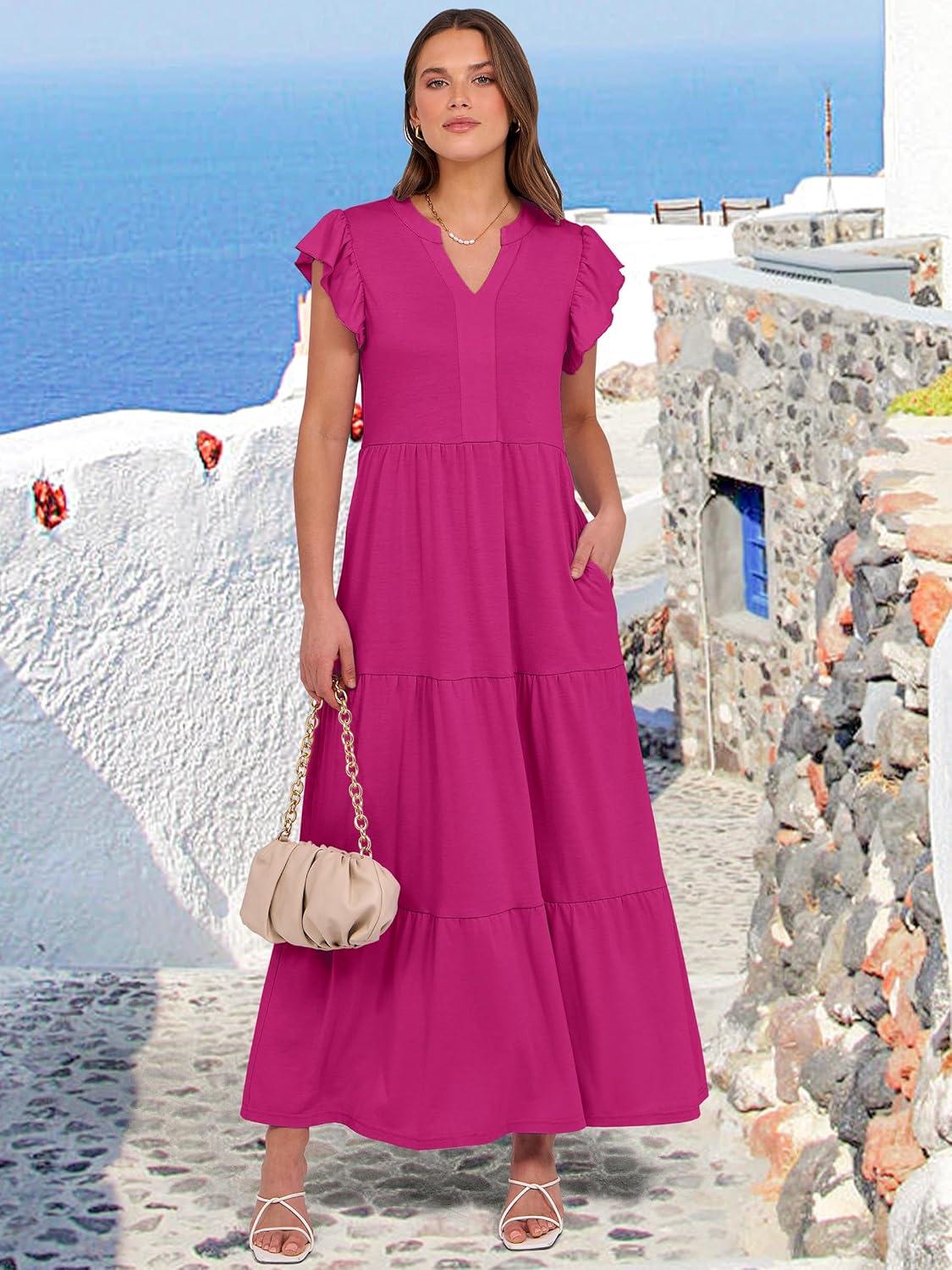 imageANRABESS Womens Summer Casual Maxi Dress V Neck Ruffle Sleeve Long Dresses Fashion Flowy Tiered Boho Beach Vacation SundressHot Pink