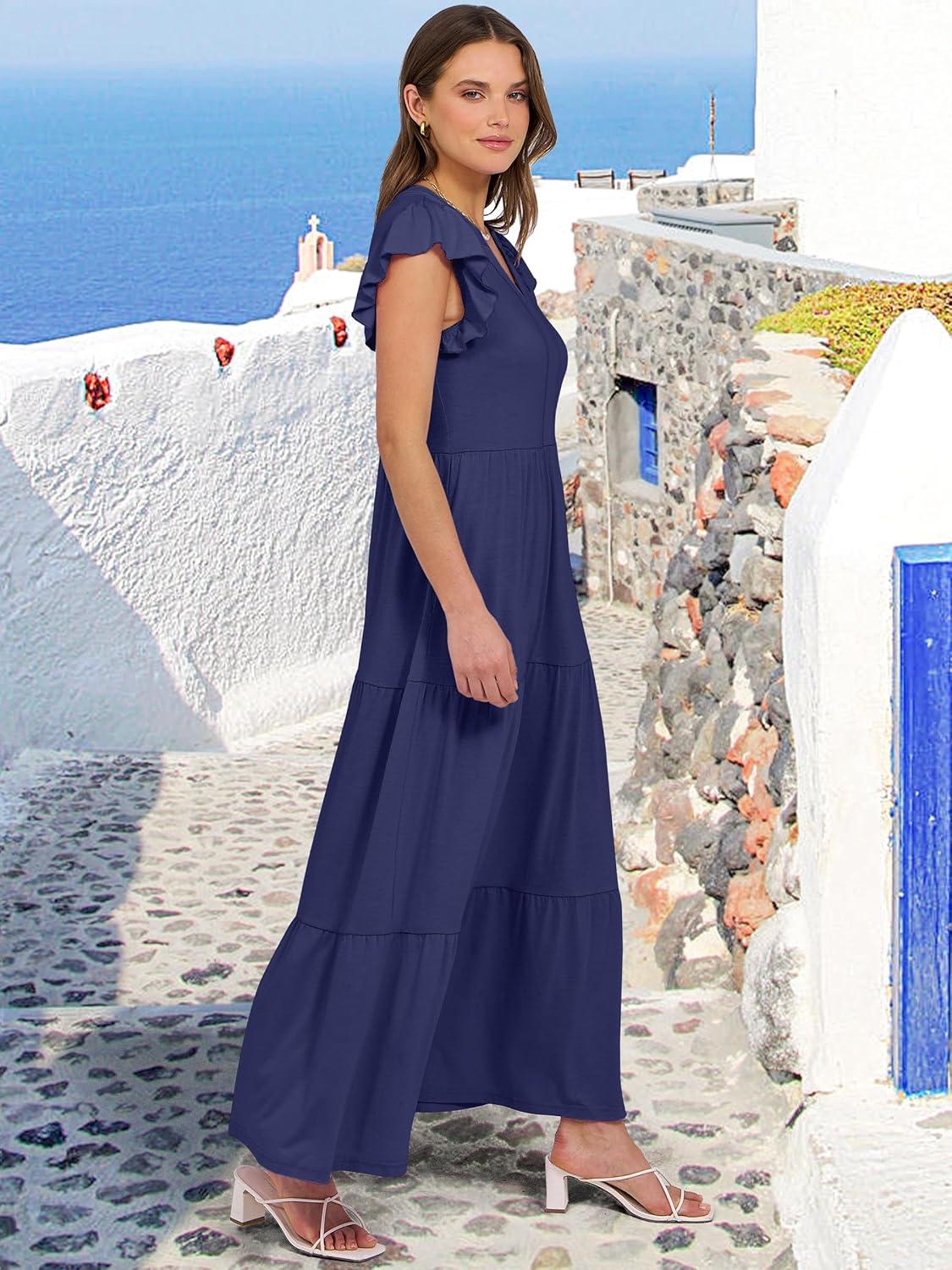 imageANRABESS Womens Summer Casual Maxi Dress V Neck Ruffle Sleeve Long Dresses Fashion Flowy Tiered Boho Beach Vacation SundressNavy Blue