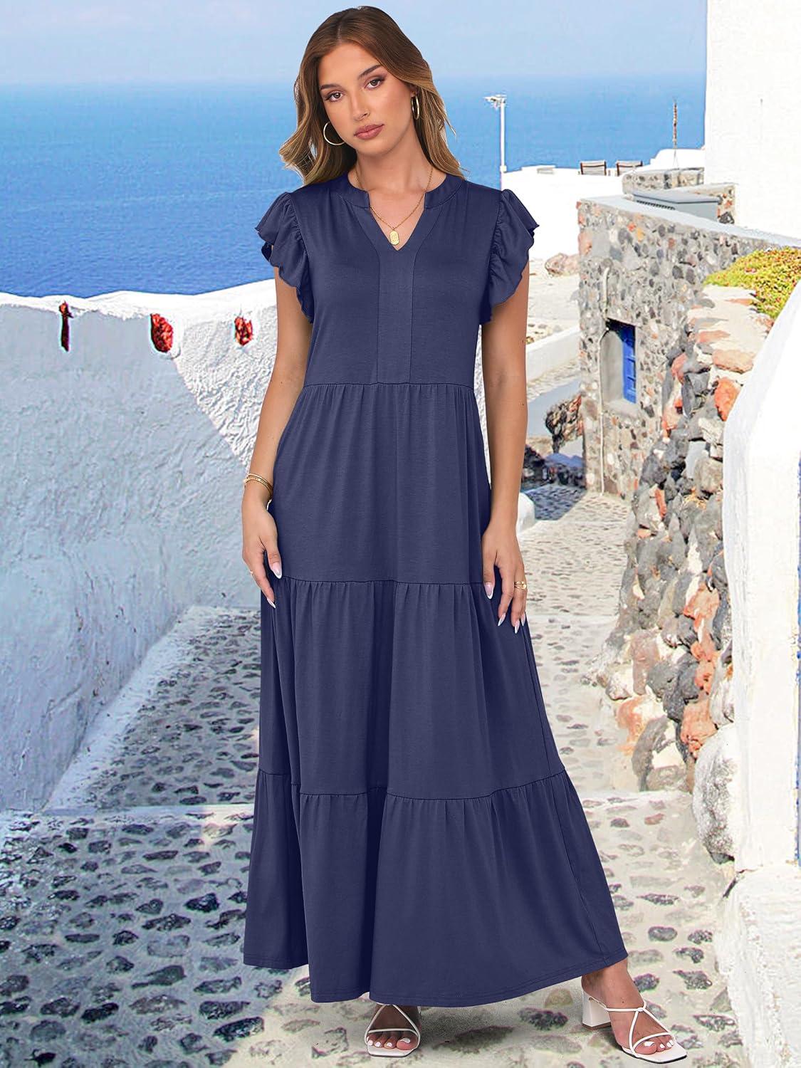 imageANRABESS Womens Summer Casual Maxi Dress V Neck Ruffle Sleeve Long Dresses Fashion Flowy Tiered Boho Beach Vacation SundressNavy Blue