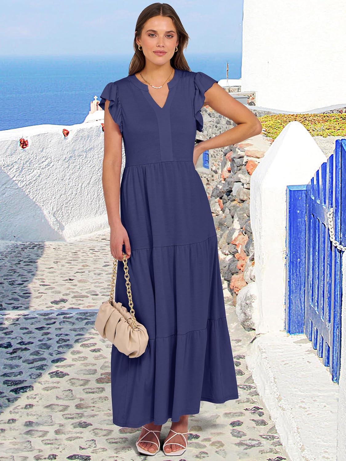 imageANRABESS Womens Summer Casual Maxi Dress V Neck Ruffle Sleeve Long Dresses Fashion Flowy Tiered Boho Beach Vacation SundressNavy Blue