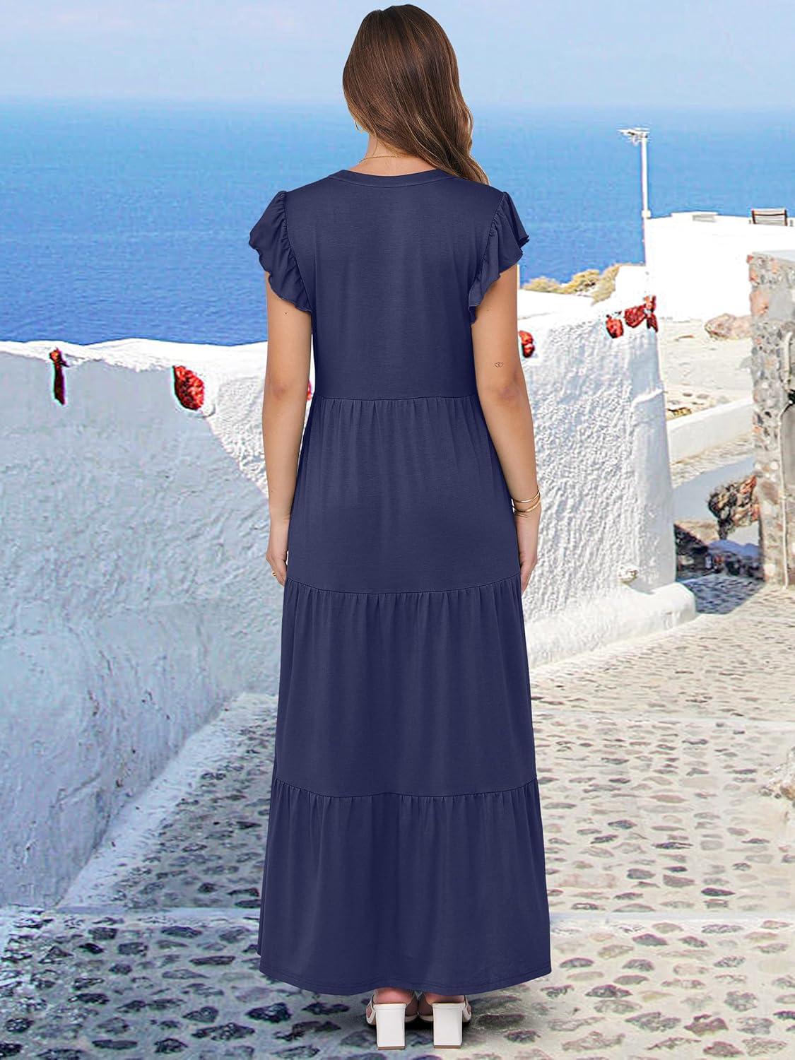 imageANRABESS Womens Summer Casual Maxi Dress V Neck Ruffle Sleeve Long Dresses Fashion Flowy Tiered Boho Beach Vacation SundressNavy Blue