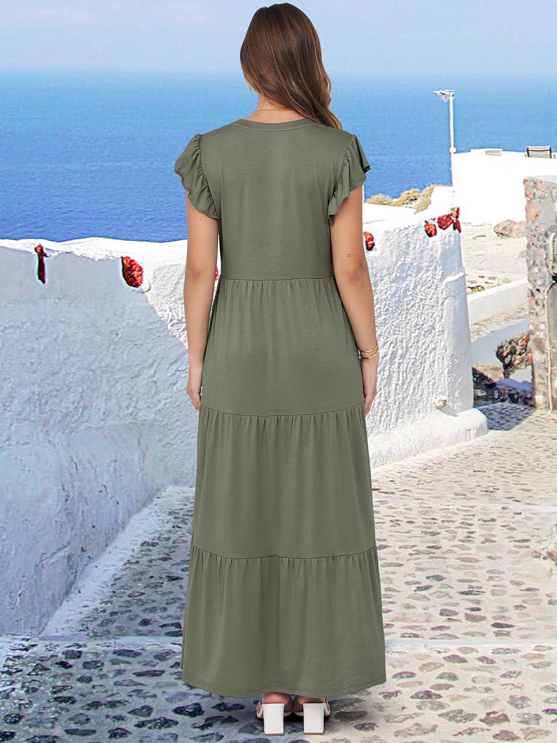 imageANRABESS Womens Summer Casual Maxi Dress V Neck Ruffle Sleeve Long Dresses Fashion Flowy Tiered Boho Beach Vacation SundressOlive