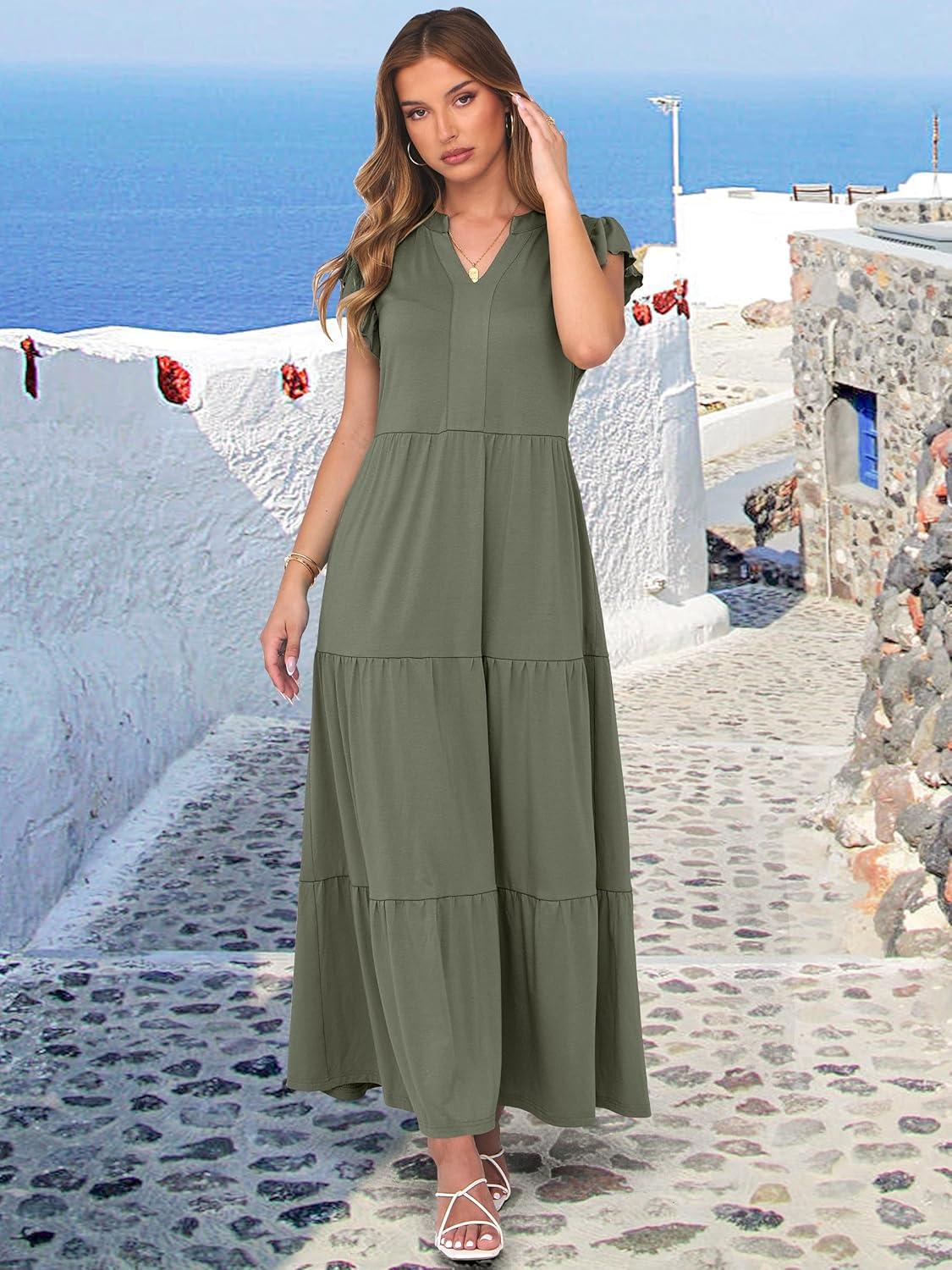 imageANRABESS Womens Summer Casual Maxi Dress V Neck Ruffle Sleeve Long Dresses Fashion Flowy Tiered Boho Beach Vacation SundressOlive
