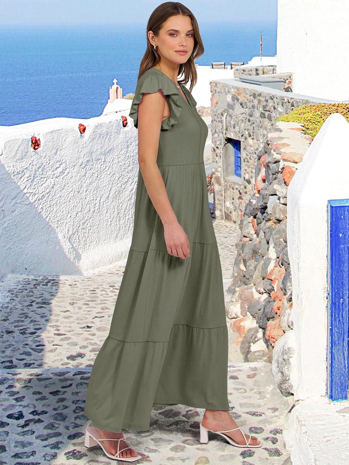 imageANRABESS Womens Summer Casual Maxi Dress V Neck Ruffle Sleeve Long Dresses Fashion Flowy Tiered Boho Beach Vacation SundressOlive