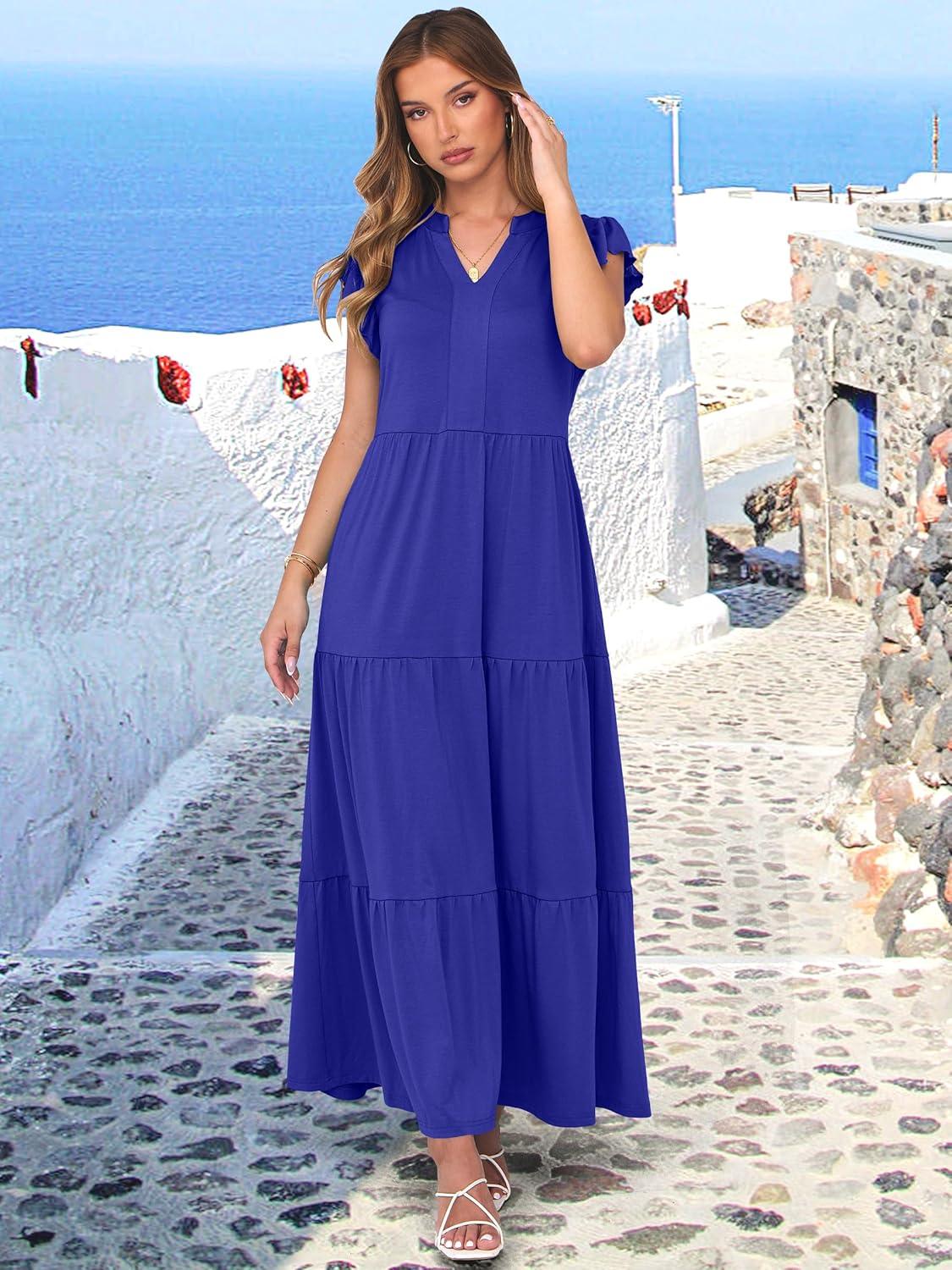 imageANRABESS Womens Summer Casual Maxi Dress V Neck Ruffle Sleeve Long Dresses Fashion Flowy Tiered Boho Beach Vacation SundressRoyal Blue