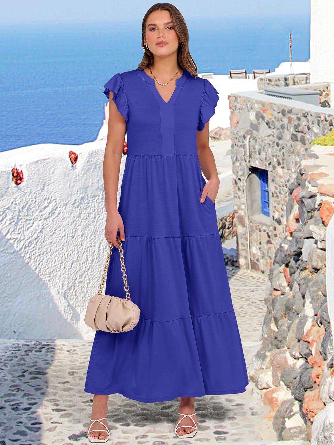 imageANRABESS Womens Summer Casual Maxi Dress V Neck Ruffle Sleeve Long Dresses Fashion Flowy Tiered Boho Beach Vacation SundressRoyal Blue