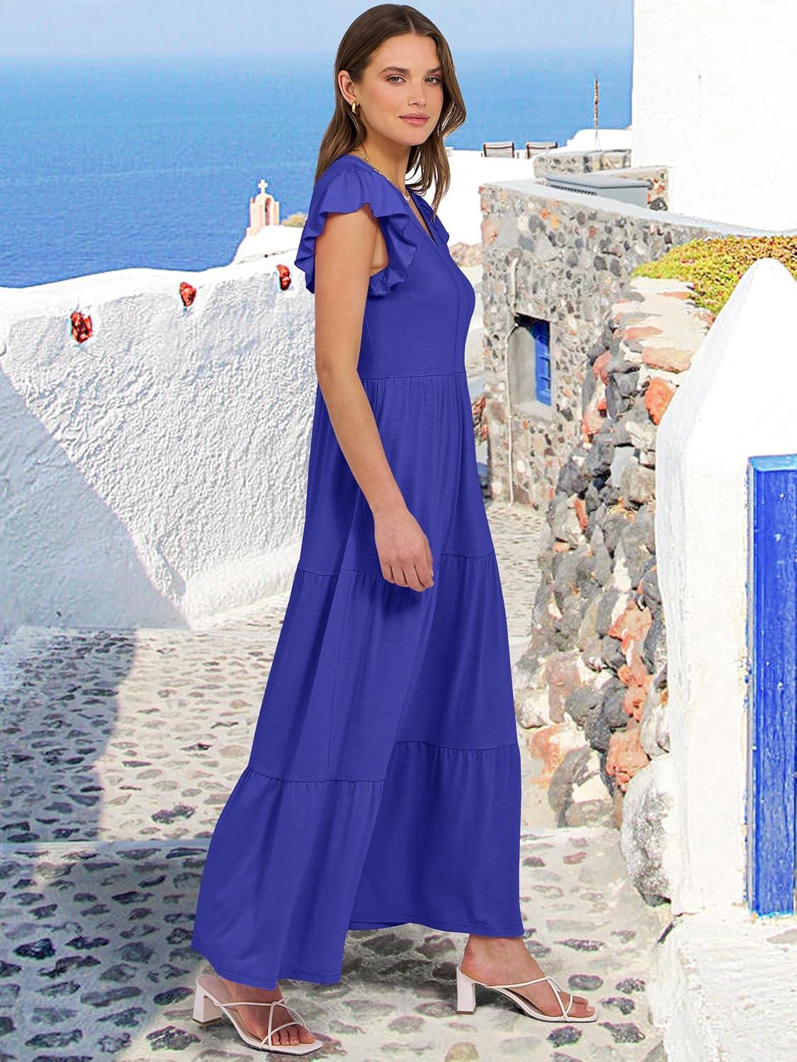 imageANRABESS Womens Summer Casual Maxi Dress V Neck Ruffle Sleeve Long Dresses Fashion Flowy Tiered Boho Beach Vacation SundressRoyal Blue