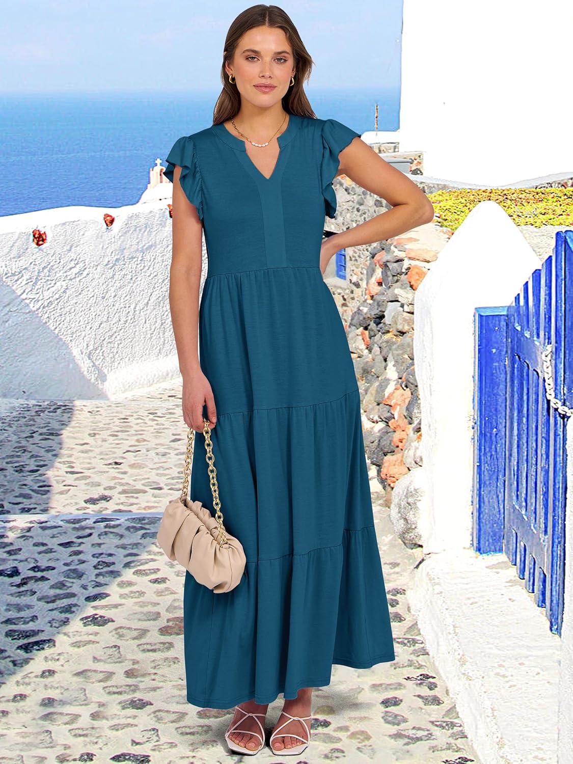 imageANRABESS Womens Summer Casual Maxi Dress V Neck Ruffle Sleeve Long Dresses Fashion Flowy Tiered Boho Beach Vacation SundressTeal Blue