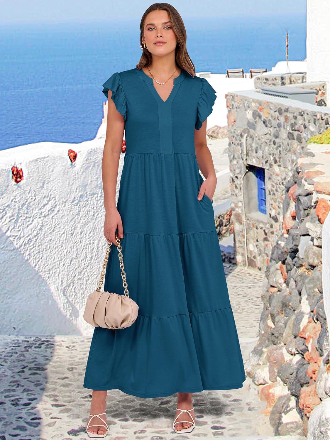 imageANRABESS Womens Summer Casual Maxi Dress V Neck Ruffle Sleeve Long Dresses Fashion Flowy Tiered Boho Beach Vacation SundressTeal Blue