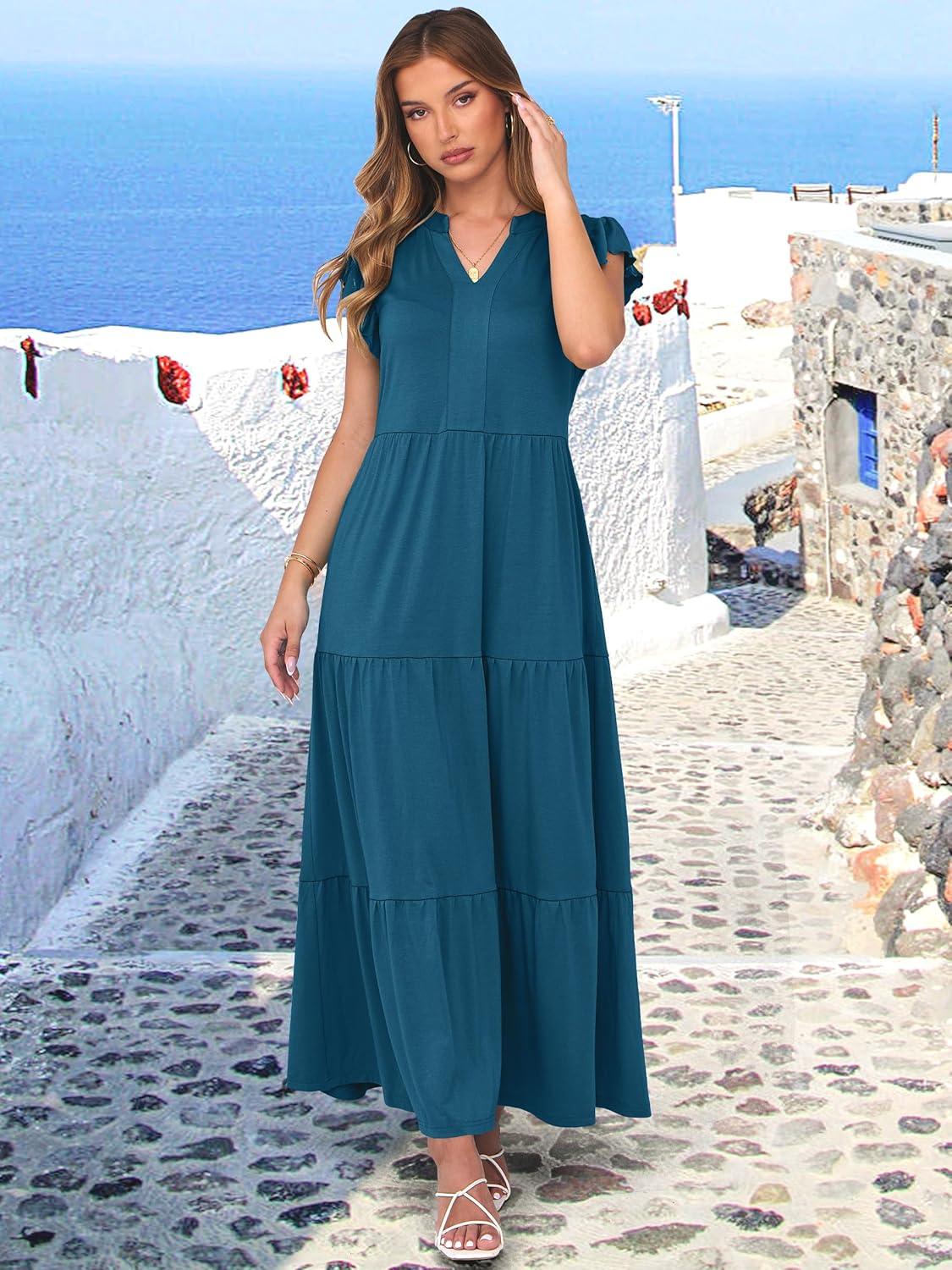 imageANRABESS Womens Summer Casual Maxi Dress V Neck Ruffle Sleeve Long Dresses Fashion Flowy Tiered Boho Beach Vacation SundressTeal Blue