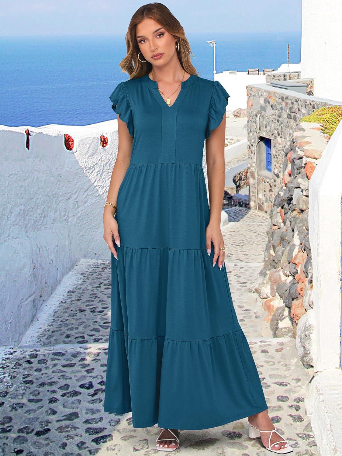 imageANRABESS Womens Summer Casual Maxi Dress V Neck Ruffle Sleeve Long Dresses Fashion Flowy Tiered Boho Beach Vacation SundressTeal Blue