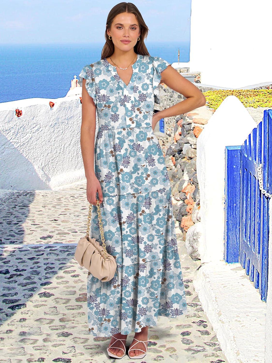 imageANRABESS Womens Summer Casual Maxi Dress V Neck Ruffle Sleeve Long Dresses Fashion Flowy Tiered Boho Beach Vacation SundressWhite Blue Floral