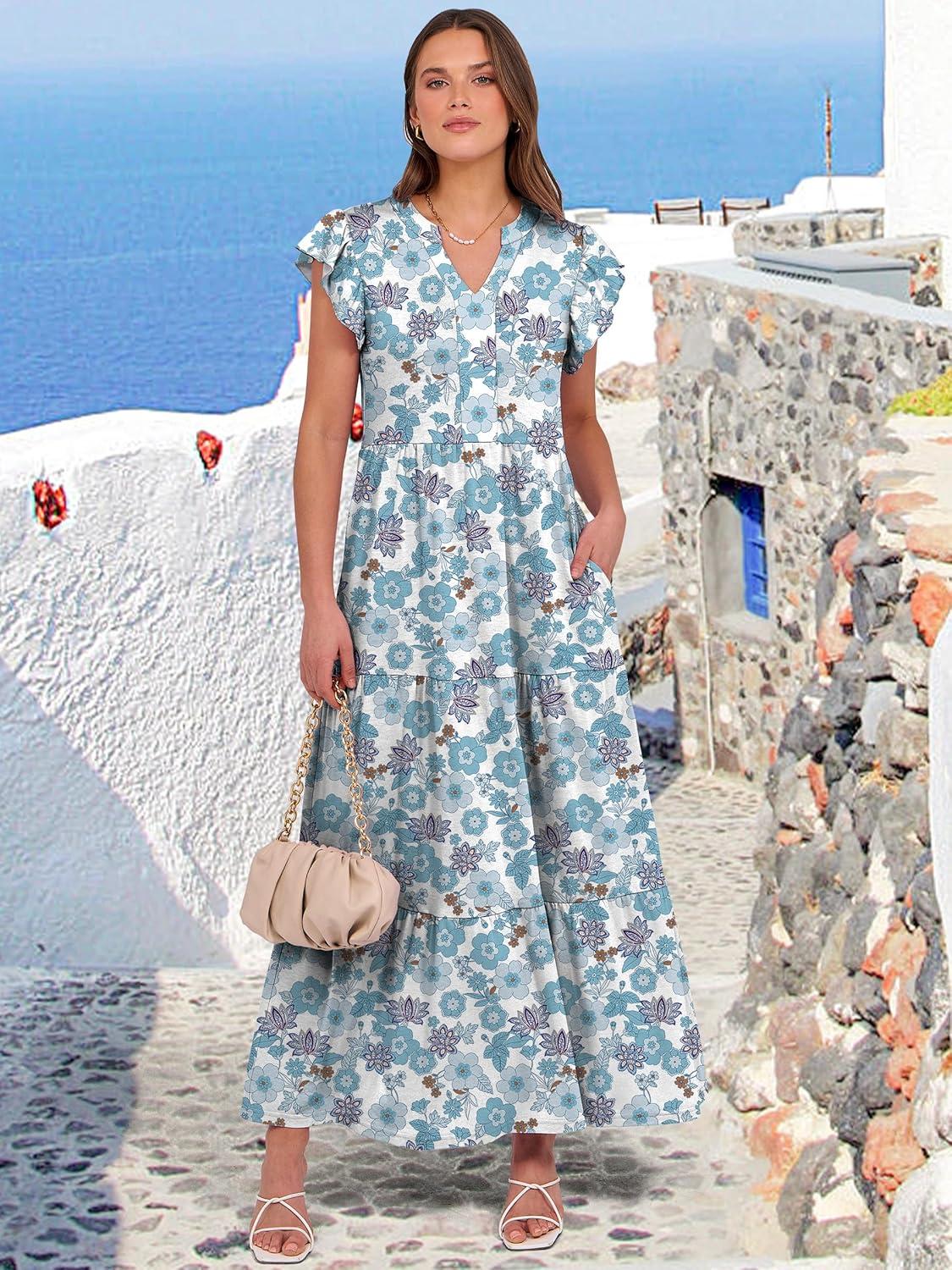 imageANRABESS Womens Summer Casual Maxi Dress V Neck Ruffle Sleeve Long Dresses Fashion Flowy Tiered Boho Beach Vacation SundressWhite Blue Floral