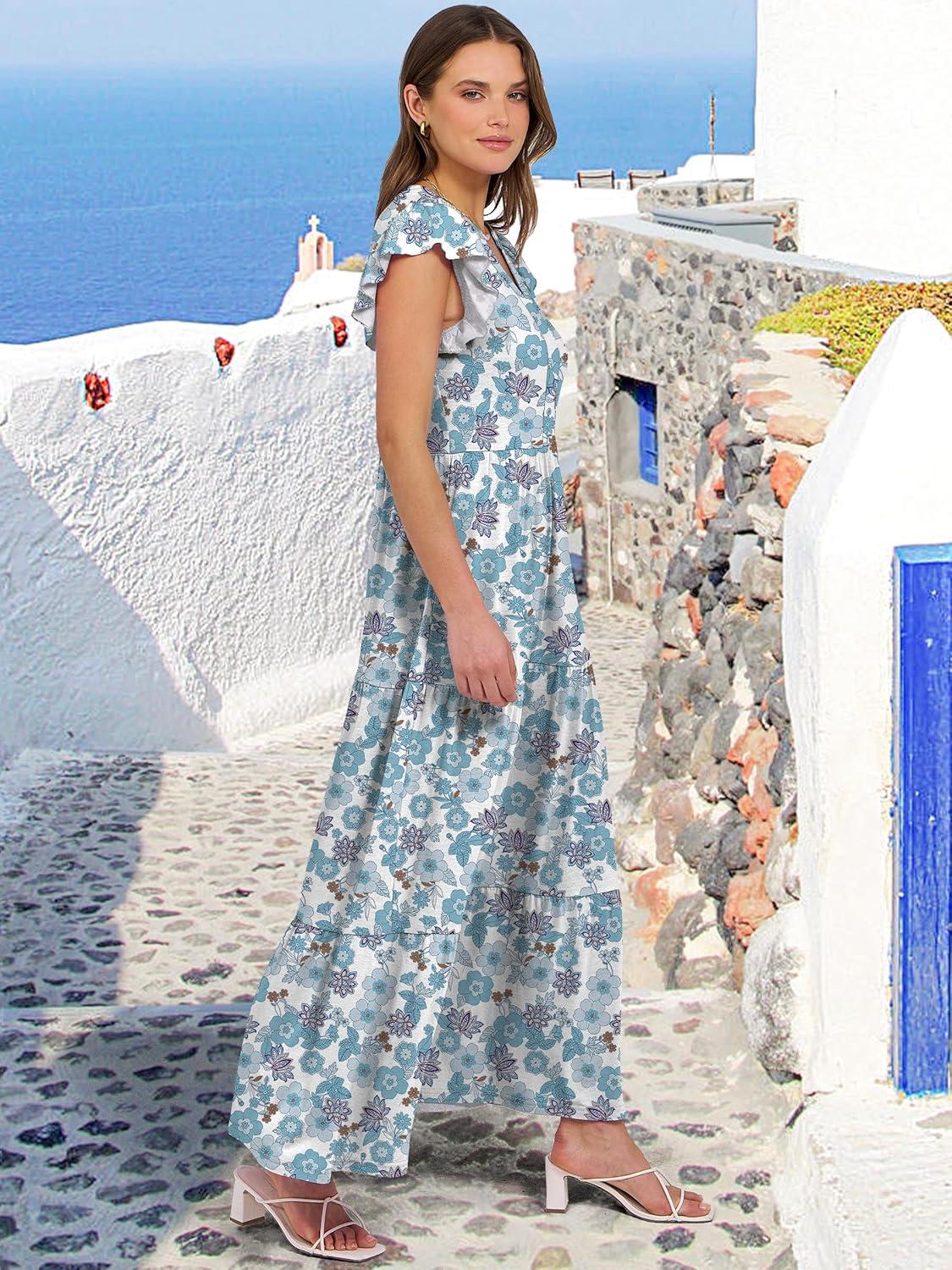 imageANRABESS Womens Summer Casual Maxi Dress V Neck Ruffle Sleeve Long Dresses Fashion Flowy Tiered Boho Beach Vacation SundressWhite Blue Floral