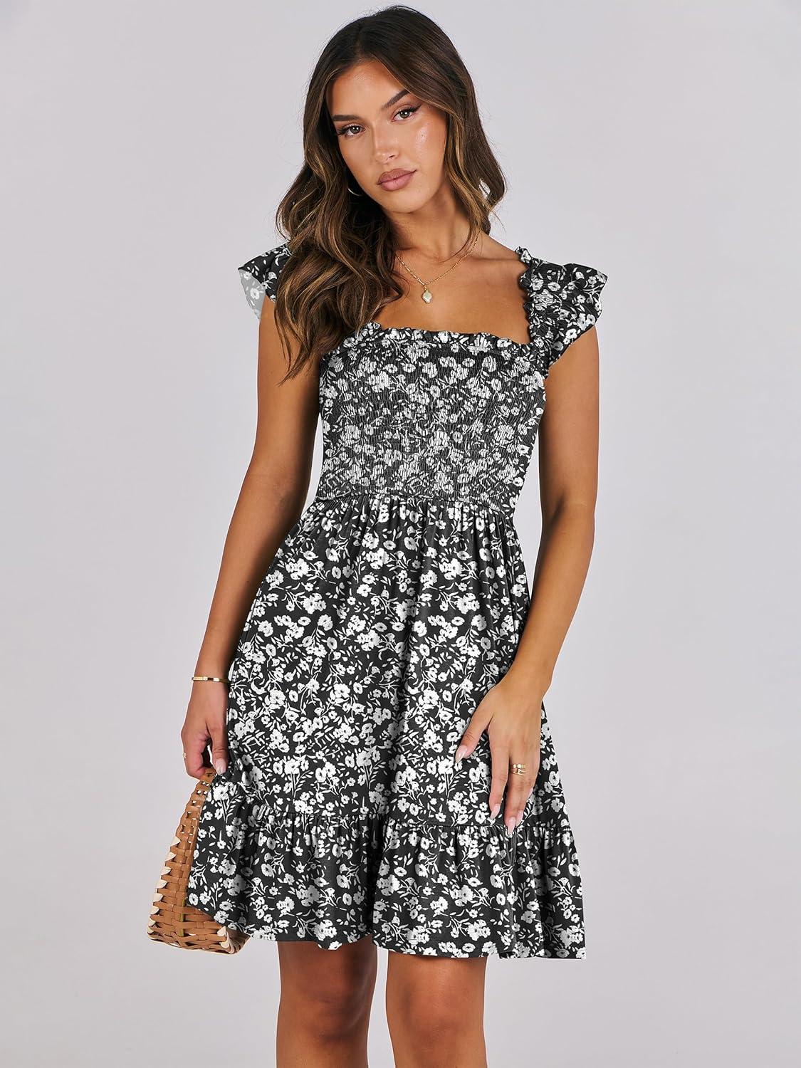 imageANRABESS Womens Summer Casual Sleeveless Square Neck Dress 2025 Smocked Ruffle Backless Boho Beach Cute Teen Short SundressFloral Black White