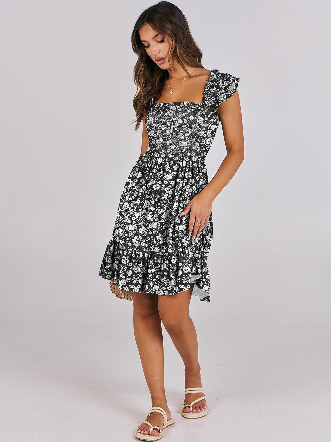 imageANRABESS Womens Summer Casual Sleeveless Square Neck Dress 2025 Smocked Ruffle Backless Boho Beach Cute Teen Short SundressFloral Black White